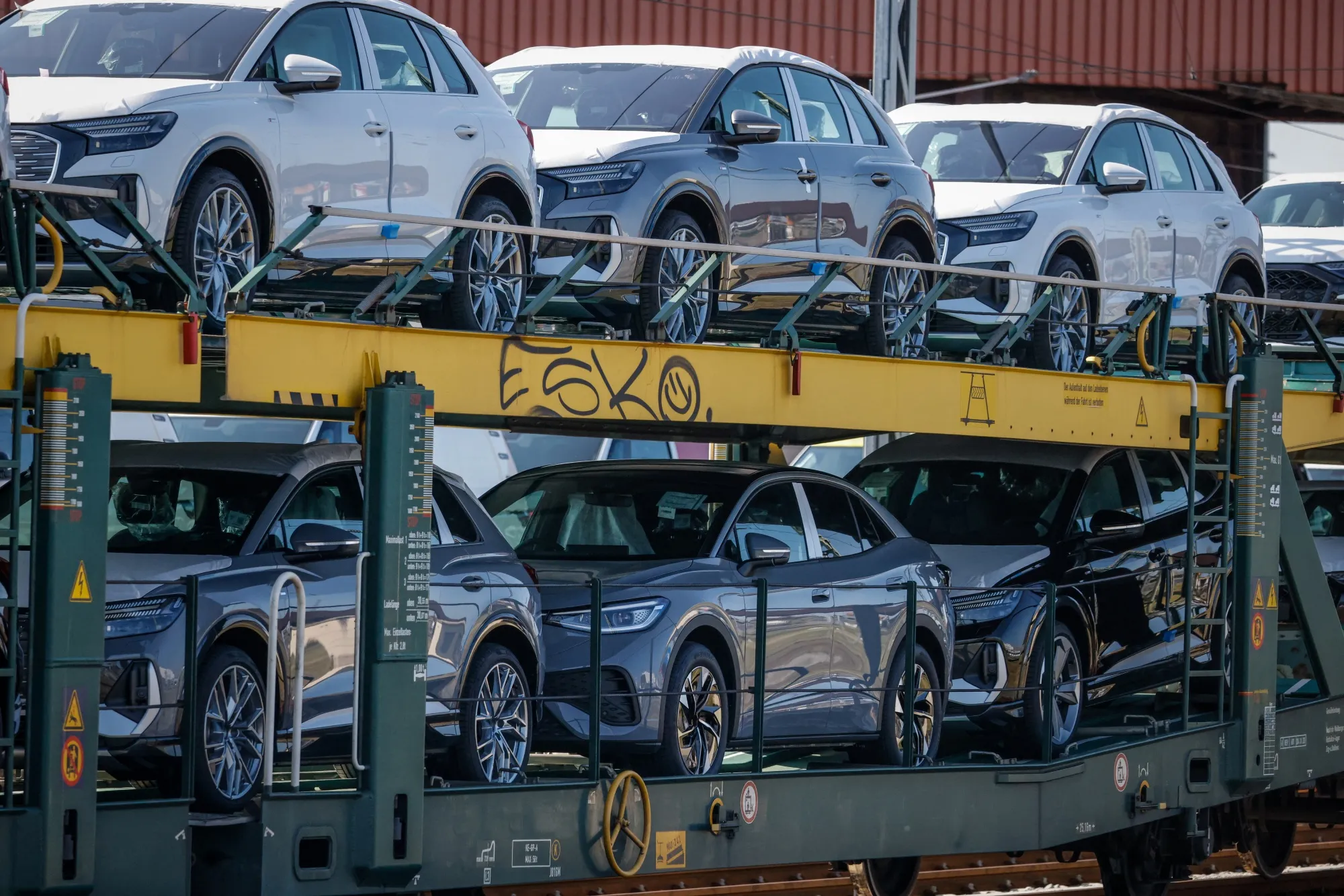 New Audi and VW vehicles at port in Bremerhaven.
