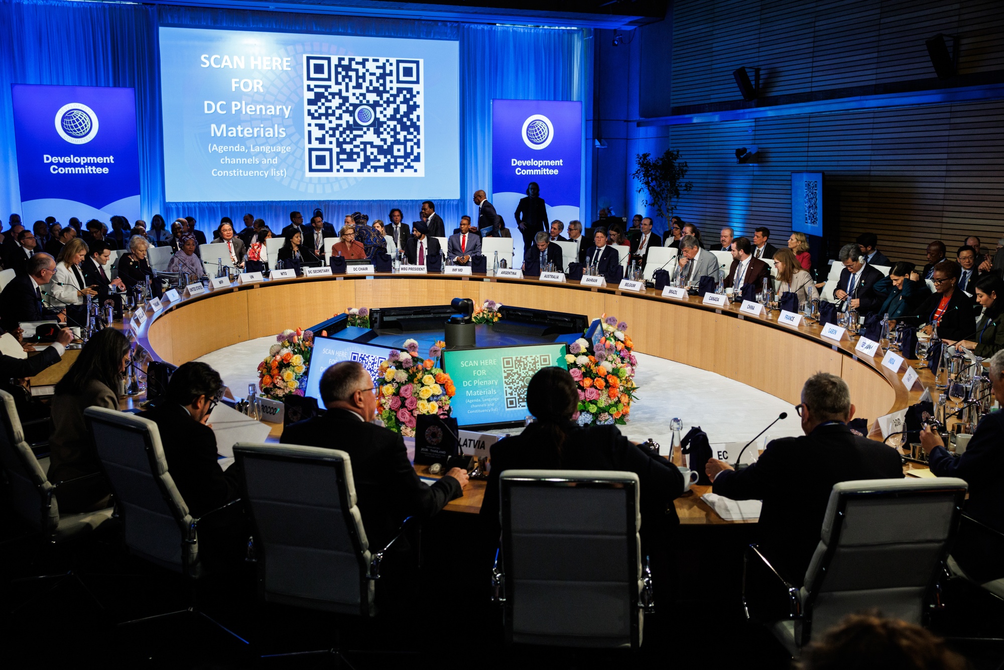 A meeting of the World Bank Development Committee during the International Monetary Fund (IMF) and World Bank Spring meetings at the IMF headquarters in Washington, DC, US, on Thursday, April 16, 2026. The International Monetary Fund downgraded its growth projection for the year after the war in the Middle East triggered a major oil shock and included the possibility of a downturn if the conflict drags on and energy infrastructure is severally damaged. Photographer: Samuel Corum/Bloomberg