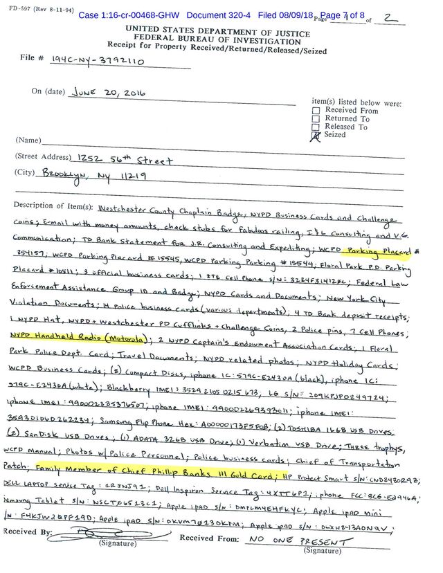 Document mentioning assets seized by federal agents