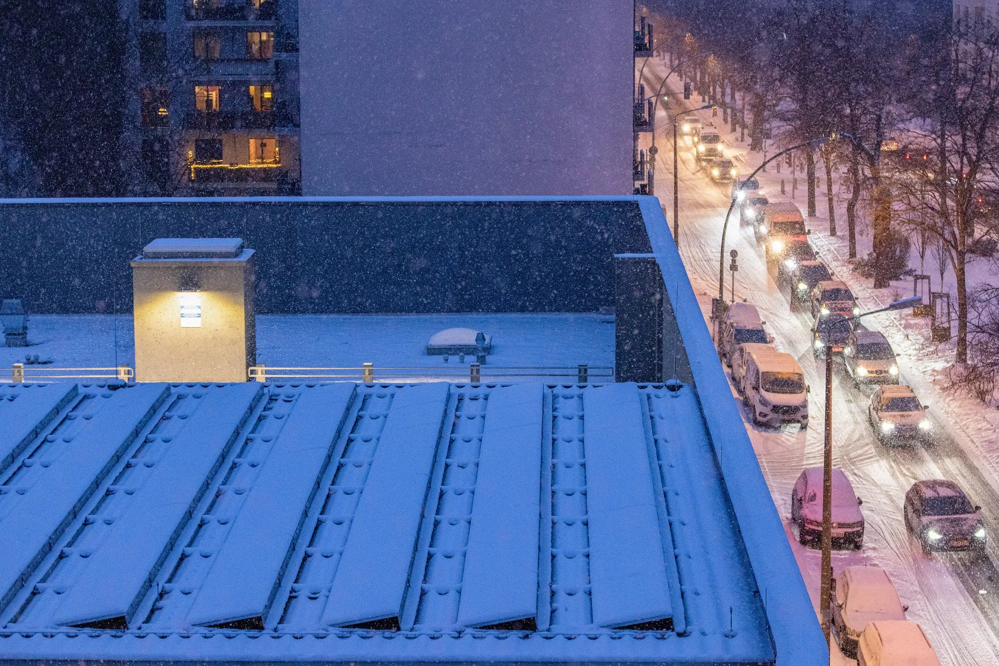 Solar panels following heavy snowfall in the Prenzlauer Berg district of Berlin.