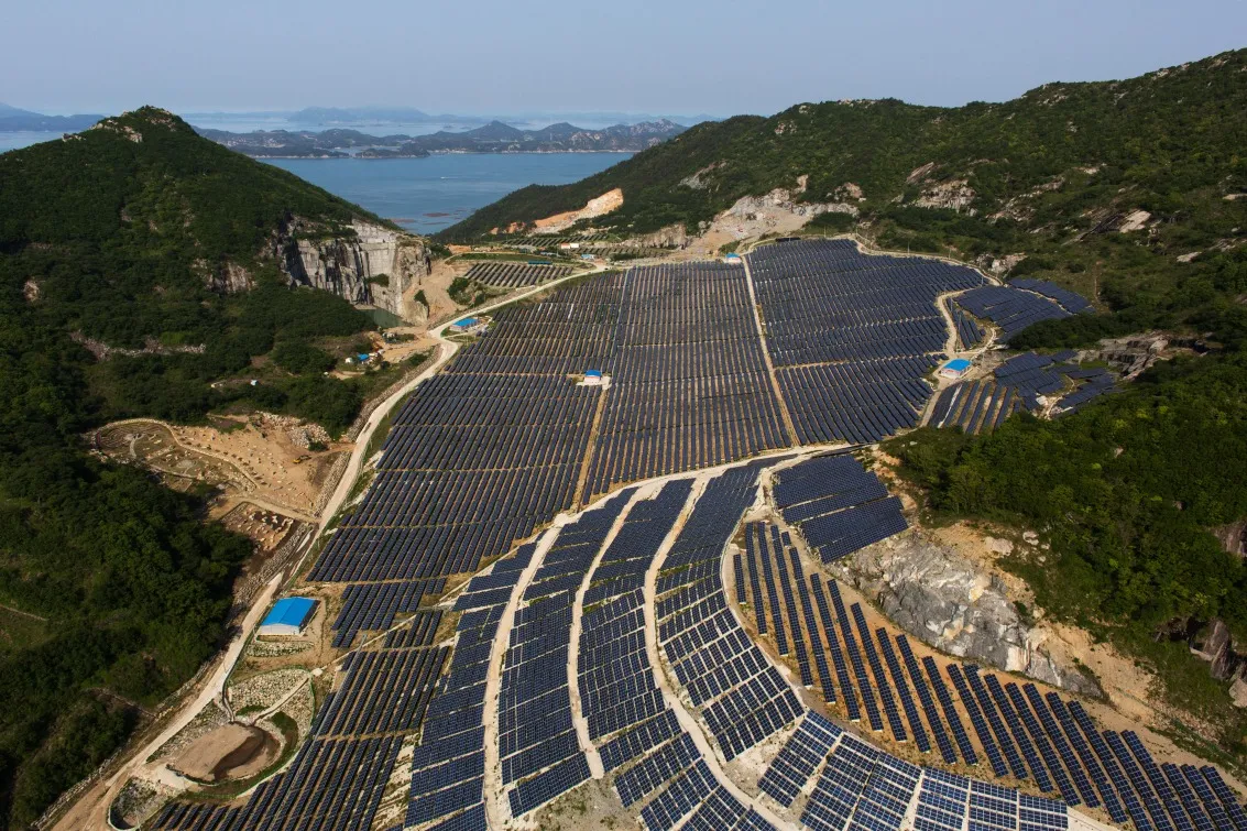 Solar panels at a solar plant in this aerial photograph taken above Geogeum Island in Goheung, South Korea.