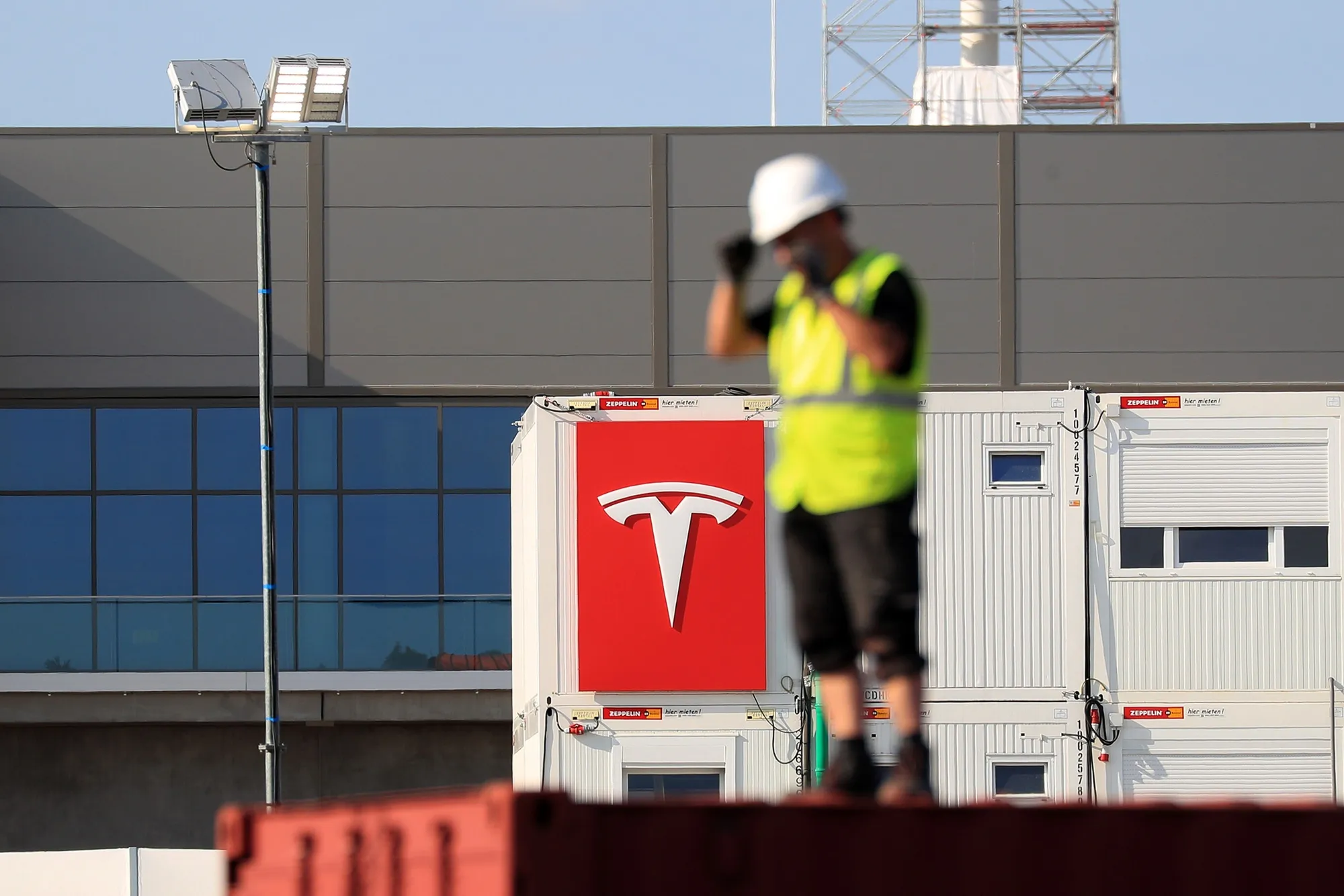 A construction worker at the Tesla factory site in Gruenheide, Germany, in August.
