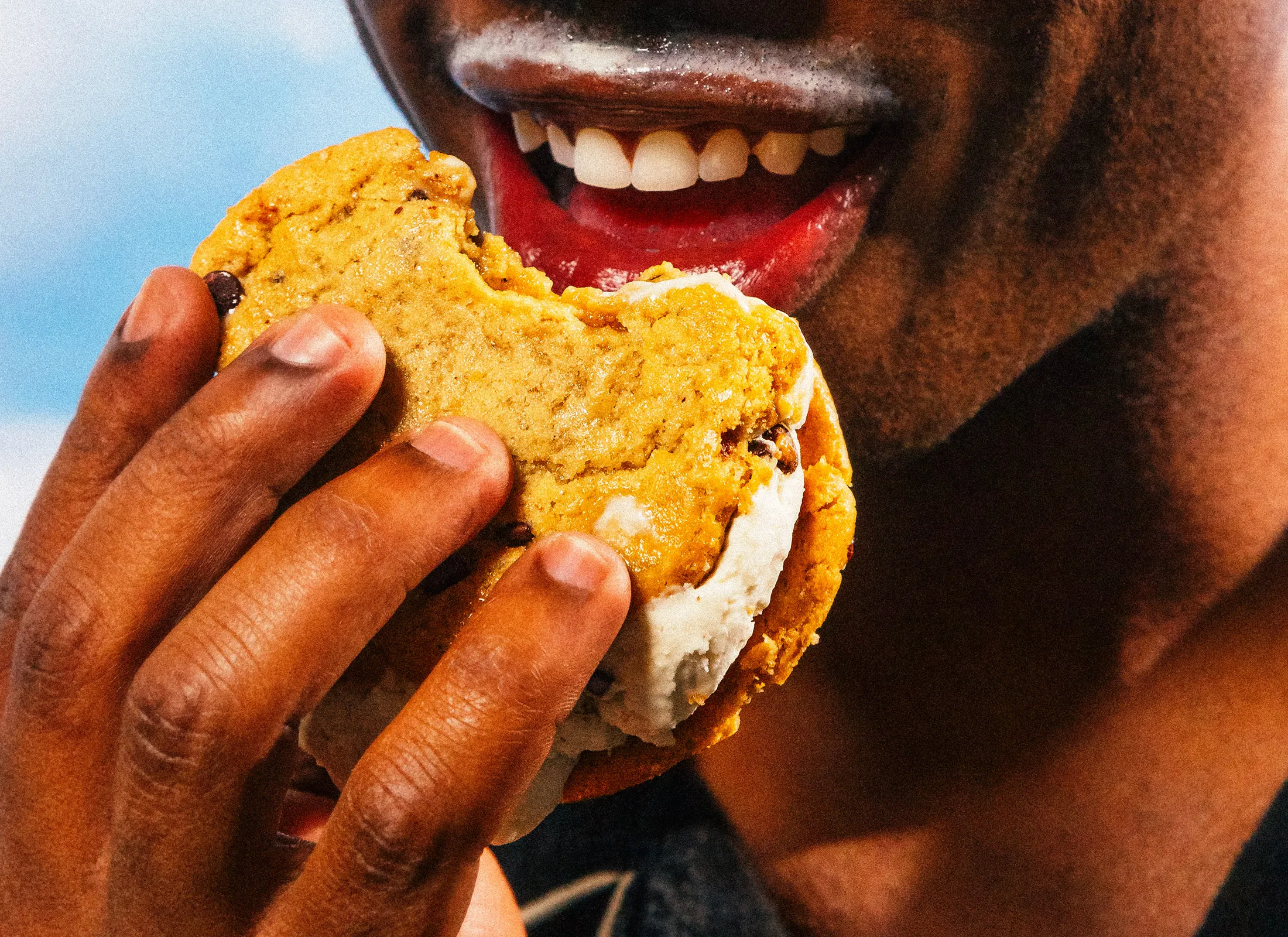 A Coolhaus chocolate chip cookie dough ice cream sandwich made with Perfect Day’s animal-free dairy.