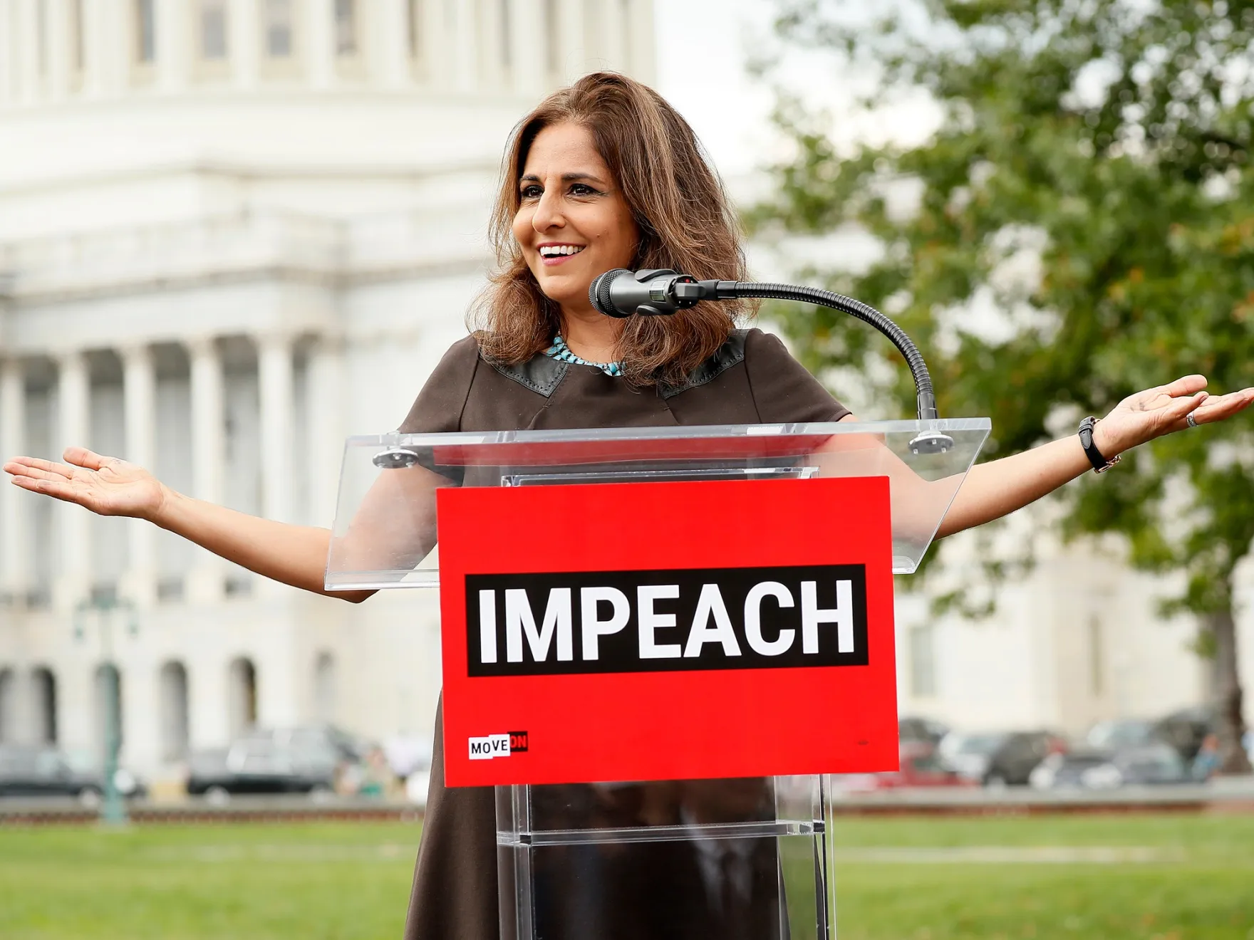 Neera Tanden speaks at the “Impeachment Now!” rally in Washington, D.C. in Sept. 2019.