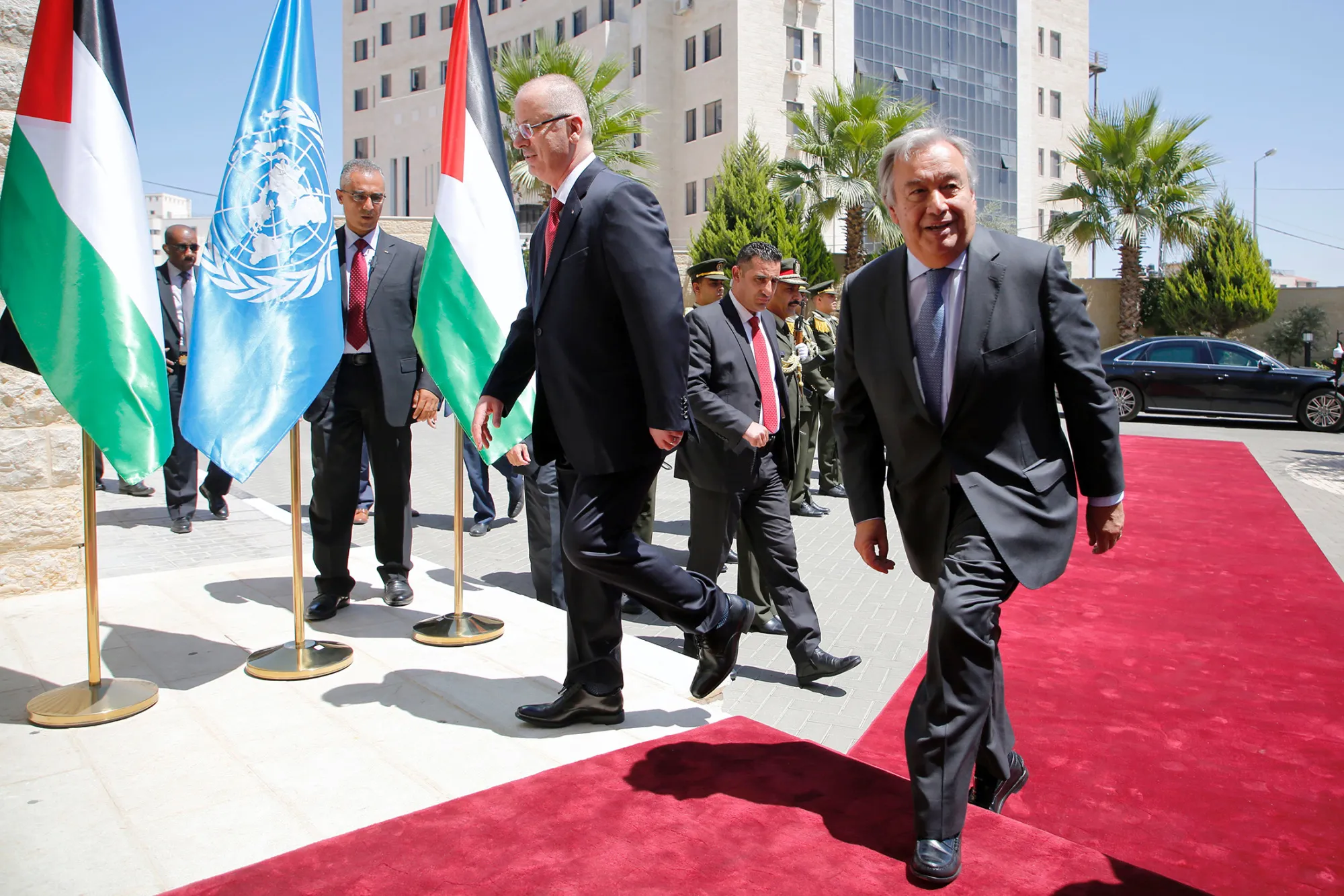 Antonio Guterres and Rami Hamdallah in the West Bank city of Ramallah, on Aug. 29, 2017.
