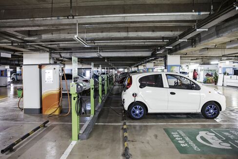 An electric car charging station in Beijing.
