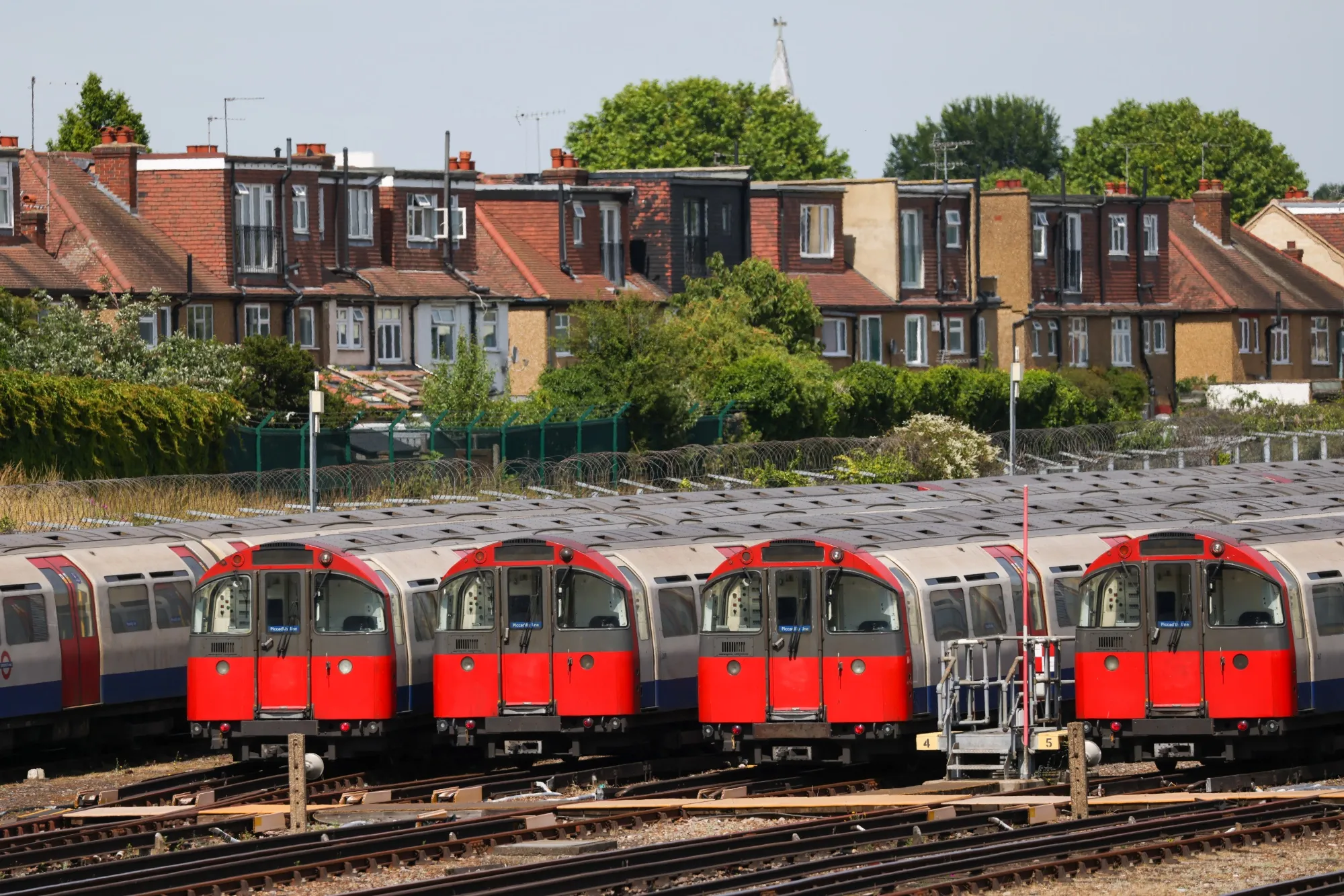 Stationary London tube trains during a strike.
