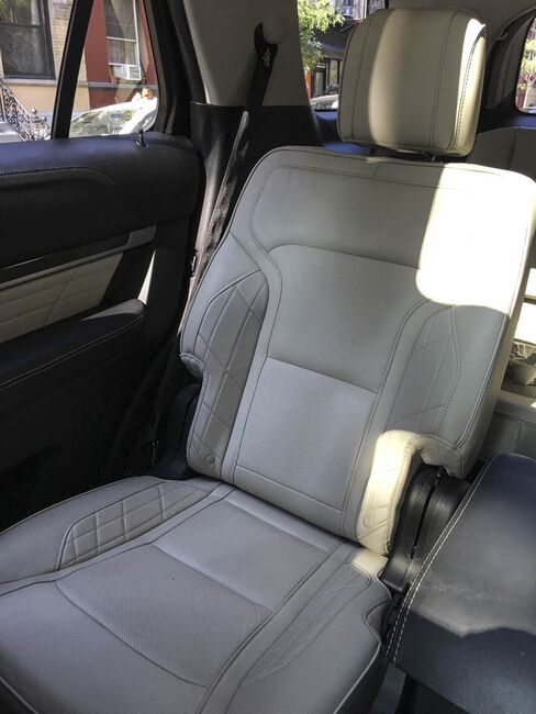 The Ford Explorer Platinum edition has detail stitching on crème leather-wrapped seats.
