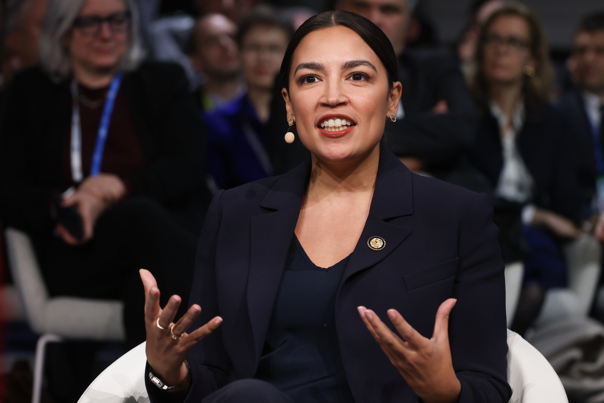 Representative Alexandria Ocasio-Cortez, a Democrat from New York, speaks at the Munich Security Conference in Munich, Germany, on Friday, Feb. 13, 2026. Nuclear deterrence is set to be a hot topic at the conference. Photographer: Alex Kraus/Bloomberg