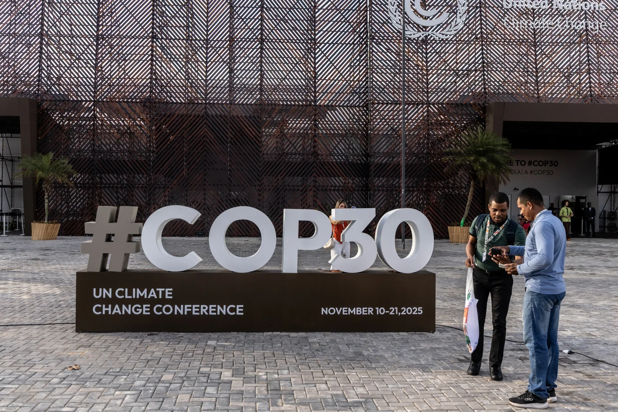 Signage outside the Parque da Cidade, the main venue for the COP30 summit, in Belém.&nbsp;