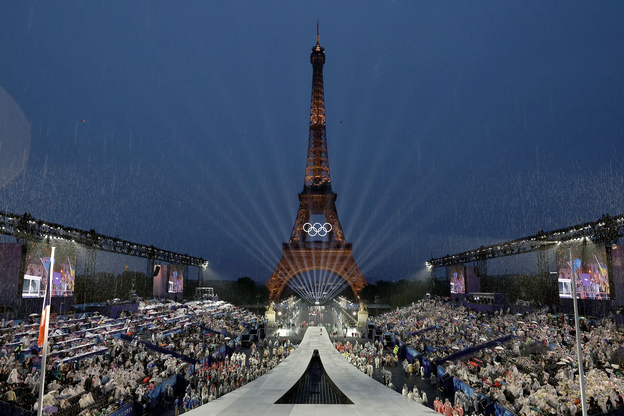 The Eiffel Tower and the Place Du Trocadero during the opening ceremony of the Olympic Games Paris 2024 on July 26.