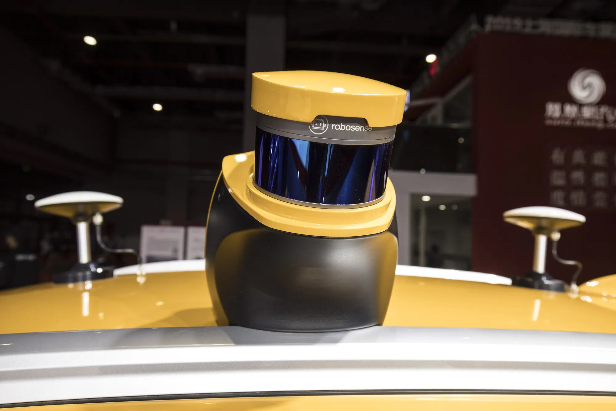 A Robosense Lidar camera on a Hanteng Auto e+ Pilot autonomous vehicle at Auto Shanghai 2019.