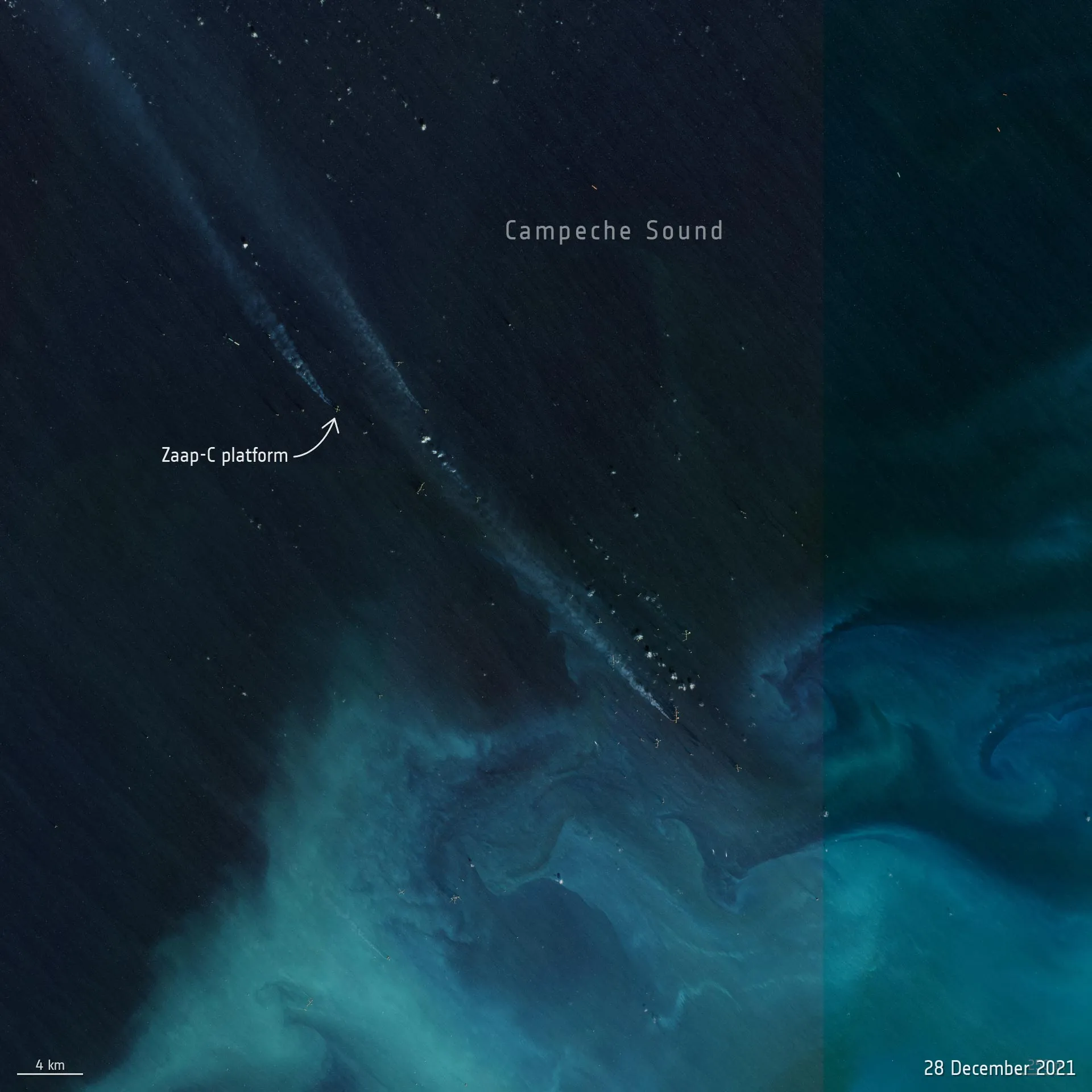 A satellite image of the Pemex oil platform where scientists said they spotted giant methane leaks.&nbsp;
