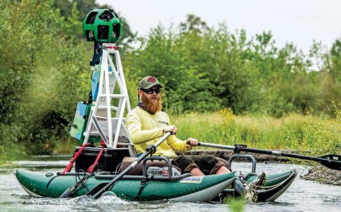 Freshwater Trust analyst and staff attorney Mike Jolliffe rows the Google Trekker down the Russian River.