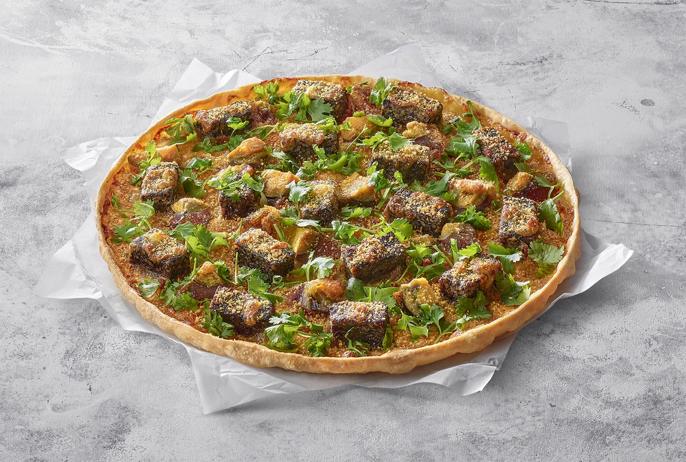 Cilantro century egg pig’s blood cake pizza.