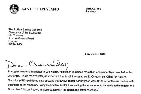 Letter from Bank of England Governor Mark Carney to U.K. Chancellor George Osborne