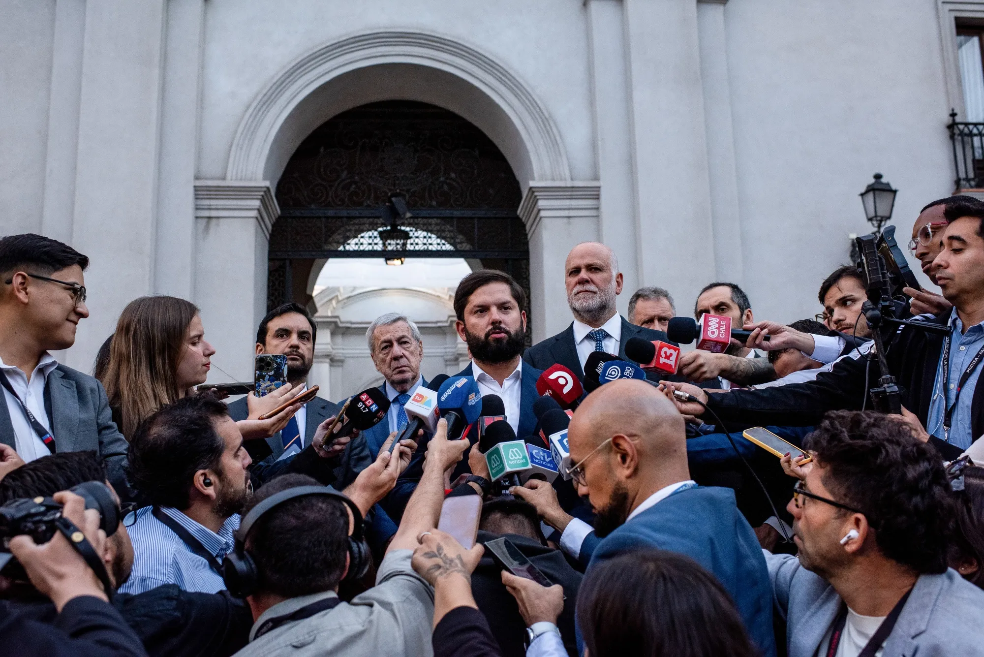 Gabriel Boric speaks to members of the media following a private meeting with Jose Antonio Kast at La Moneda Palace in Santiago on March 3.