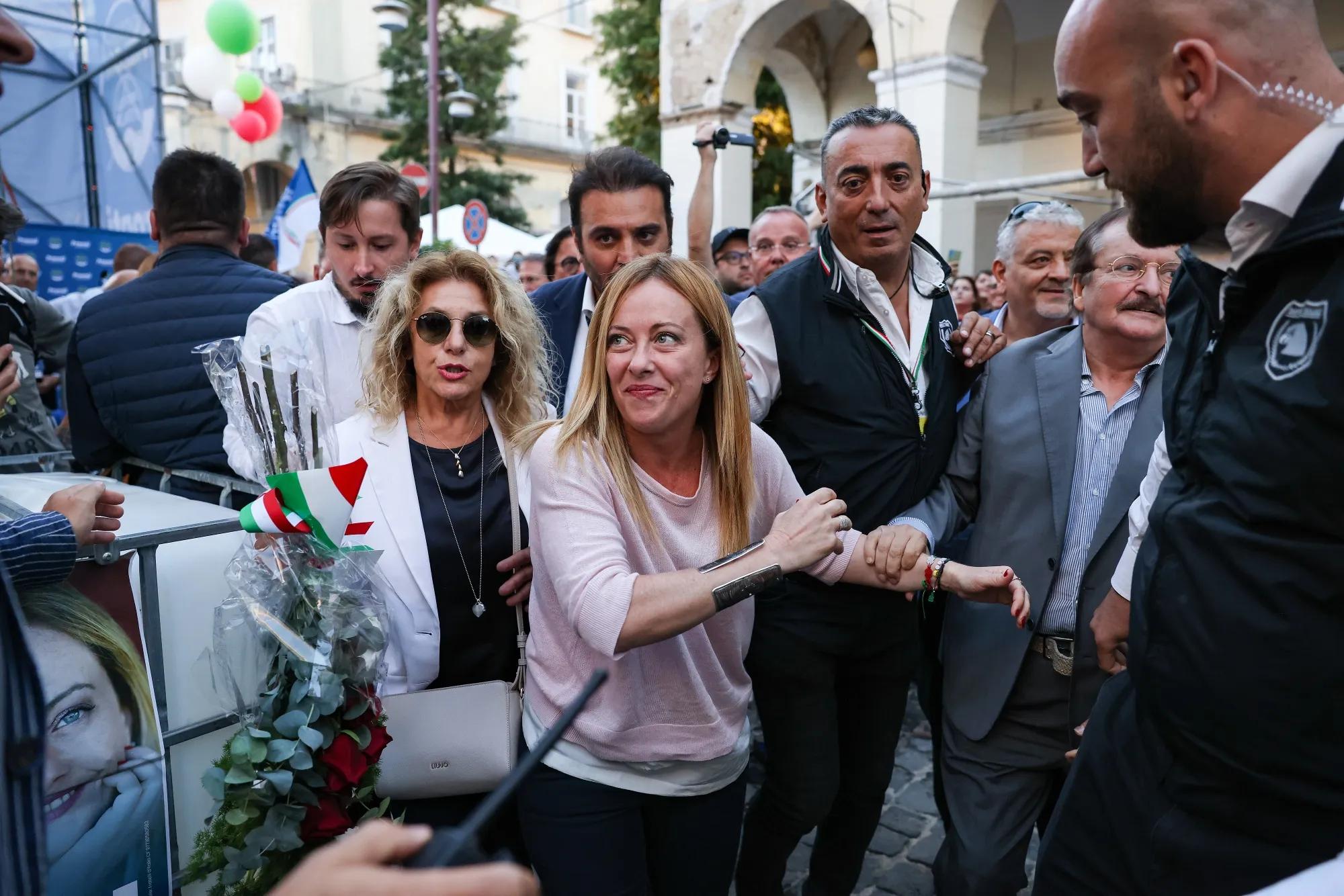 Giorgia Meloni backstage following an election campaign rally in Caserta, Italy, on Sept. 18.