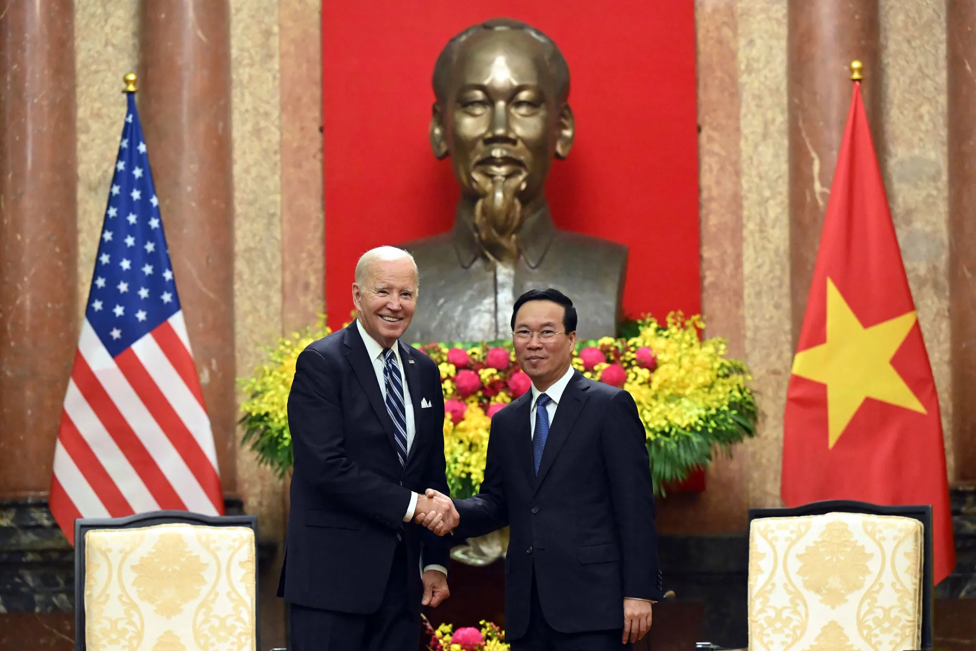 Vietnam’s President Vo Van Thuong, right, and President Joe Biden in Hanoi on Sept. 11.