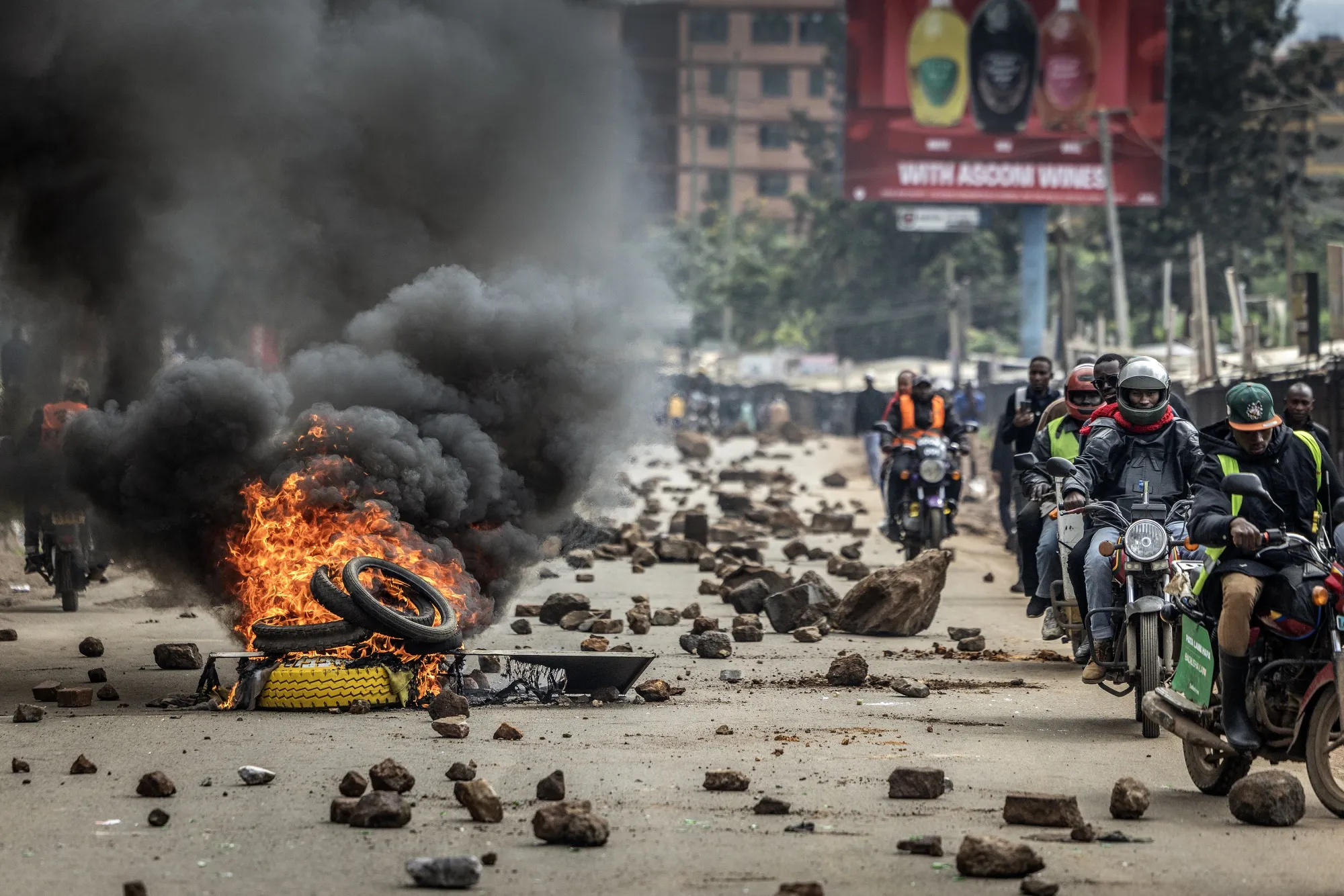 A burning barricade during a nationwide transport strike over rising fuel prices in Nairobi on May 18.