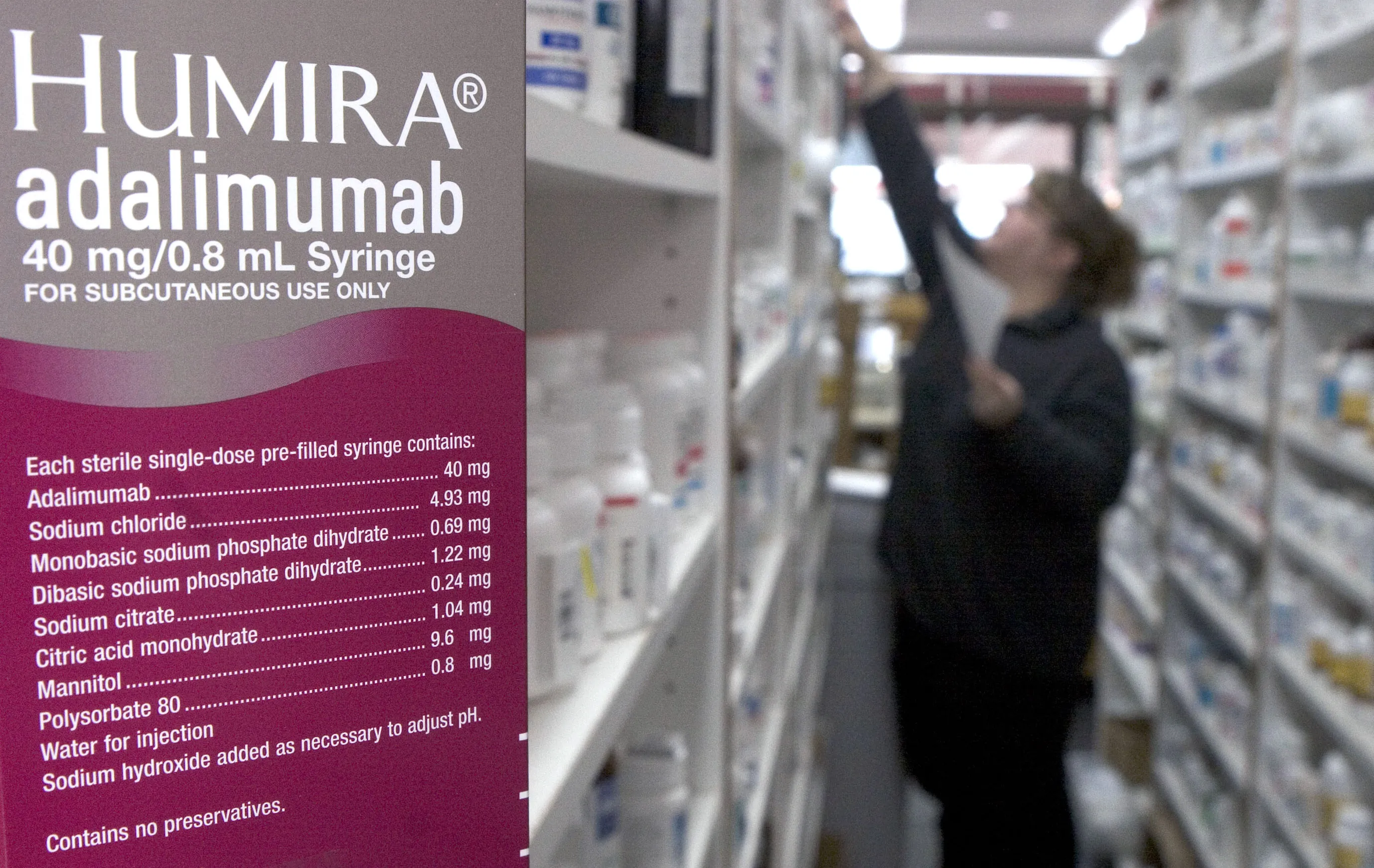 Humira, the injectable rheumatoid arthritis treatment, is pictured in a pharmacy in Cambridge, Massachusetts.