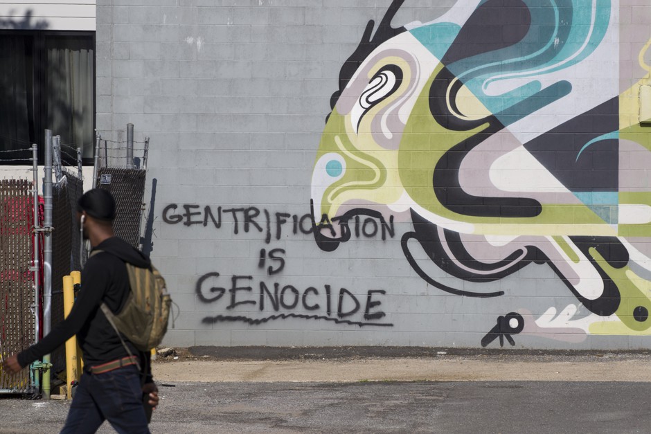 Sign of the times: Anti-gentrification graffiti in Washington, D.C., where tensions over economic change in neighborhoods have been on the rise.