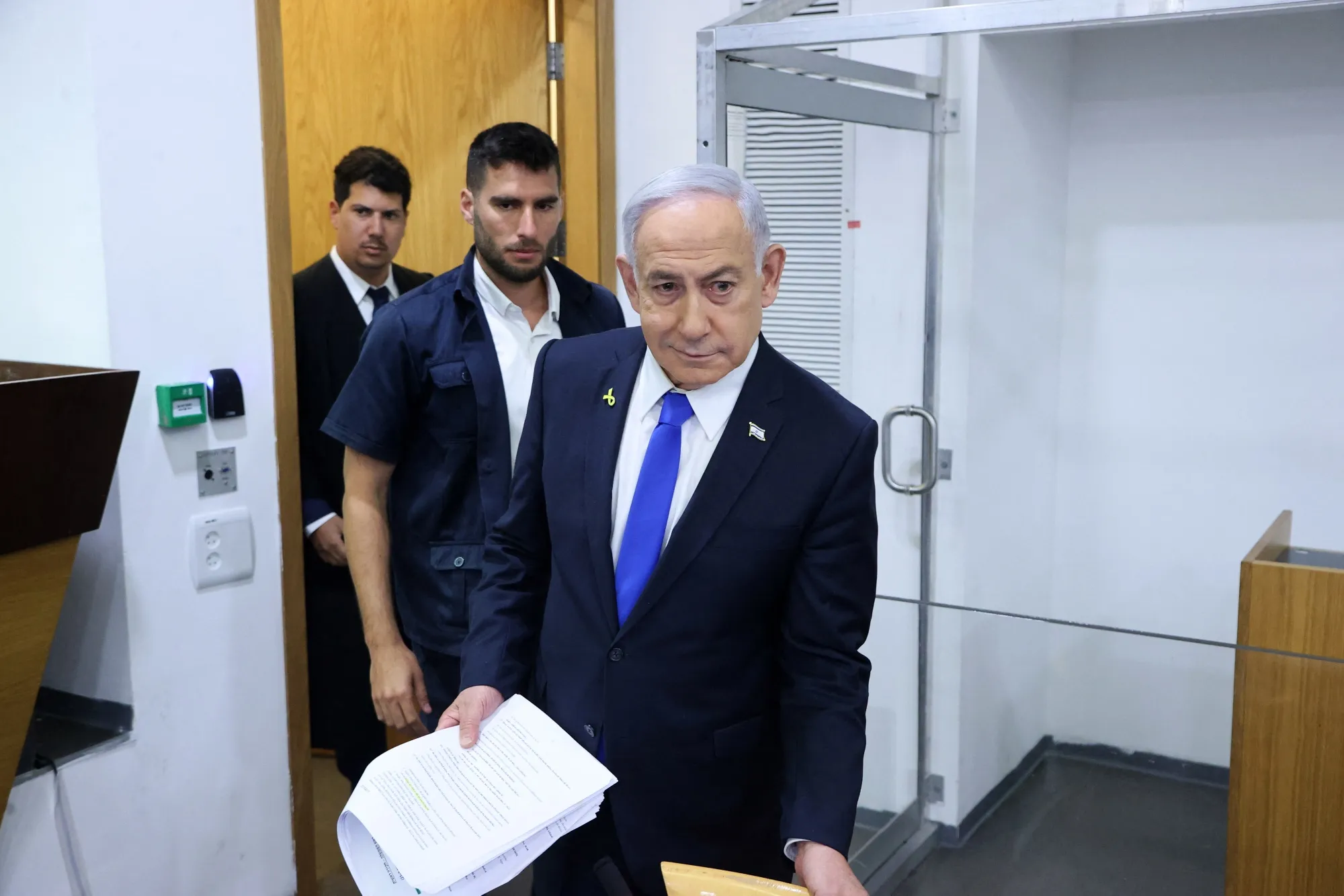 Israeli Prime Minister Benjamin Netanyahu attends his trial on corruption charges at the district court in Tel Aviv in April.