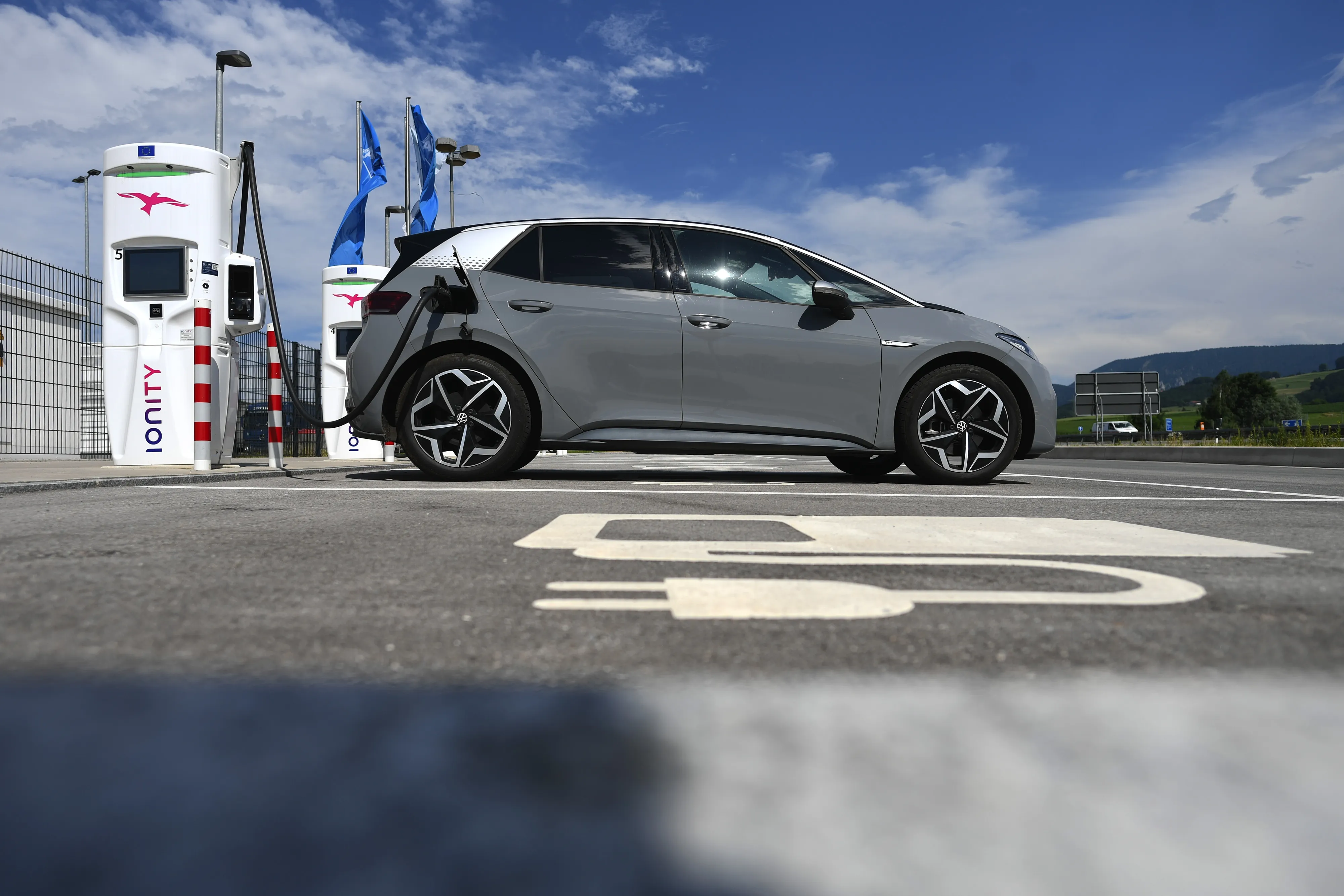 A Volkswagen ID.3 electric car charging&nbsp;at an Ionity station near Rosenheim, Germany.