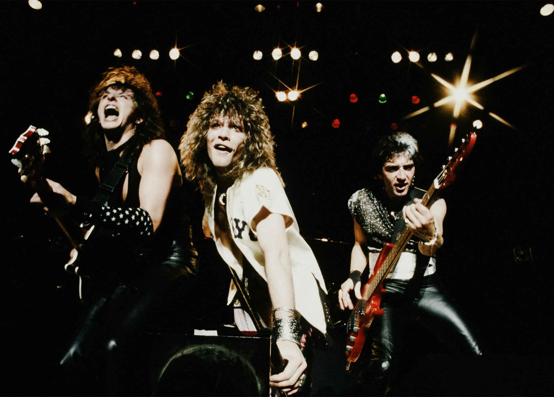 Bon Jovi’s Richie Sambora, Jon Bon Jovi, and Alec John Such at Nakano Sun Plaza in Tokyo in 1985.