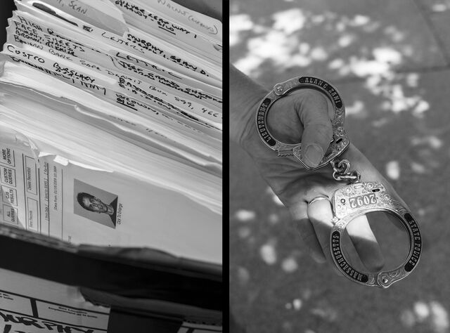 Left: A closeup of Murphy’s case file in Zani’s garage; right: Zani’s handcuffs.