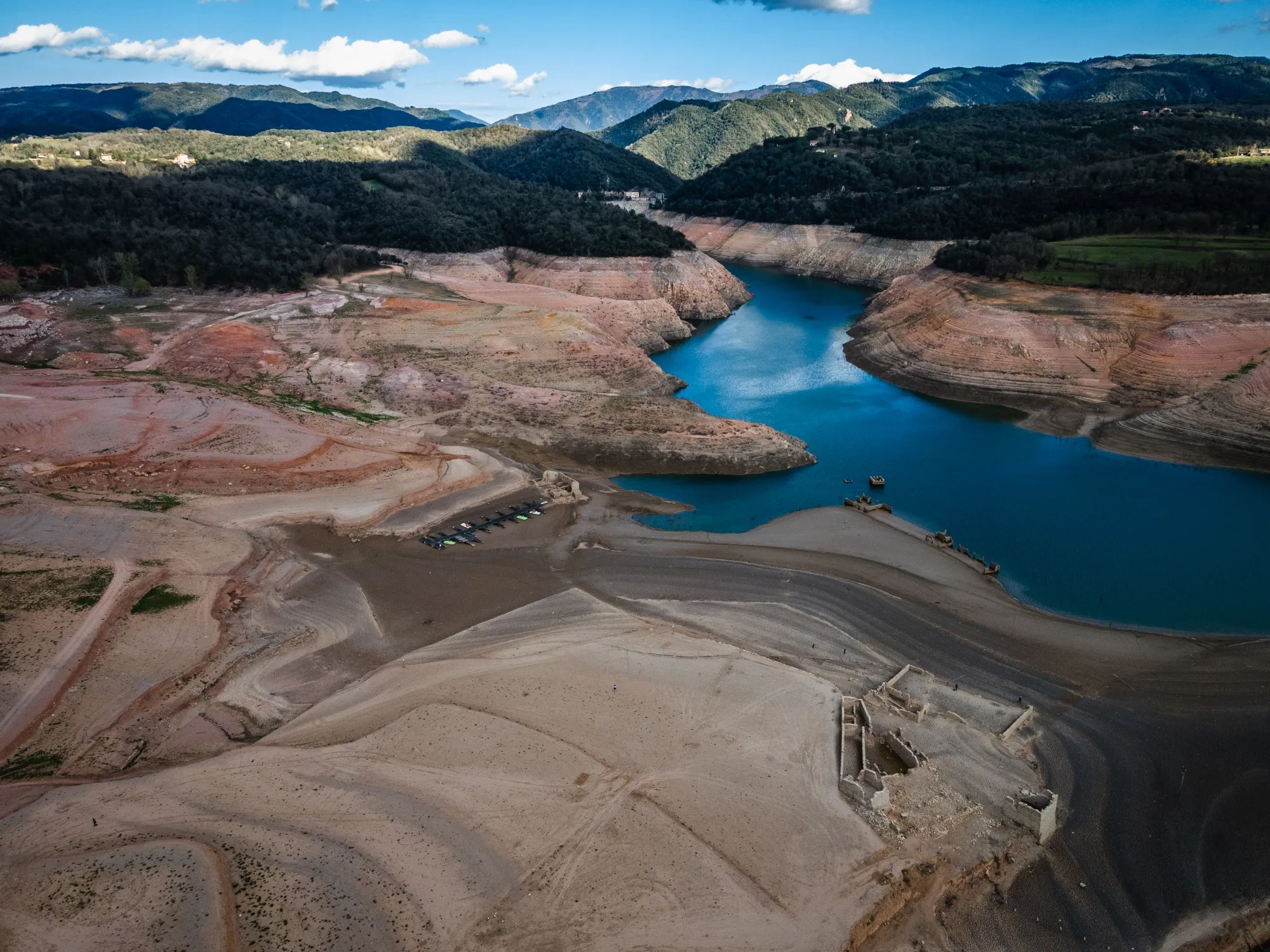 The lake-bed of the Sau reservoir, exposed by low water levels following drought, in Vilanova de Sau, Spain, on April 3. 