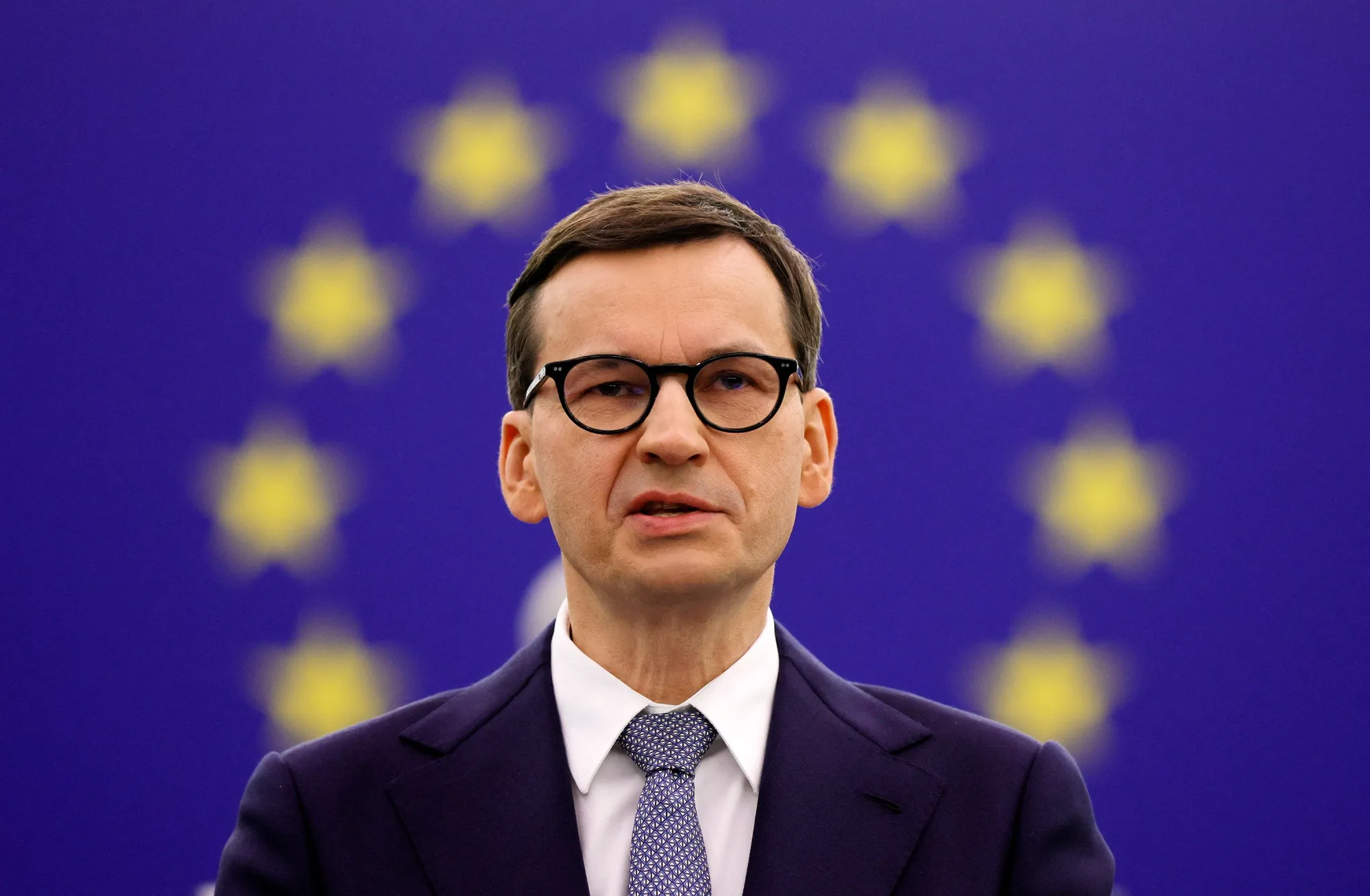 Mateusz Morawiecki speaks at the European Parliament in Strasbourg, on Oct. 19.