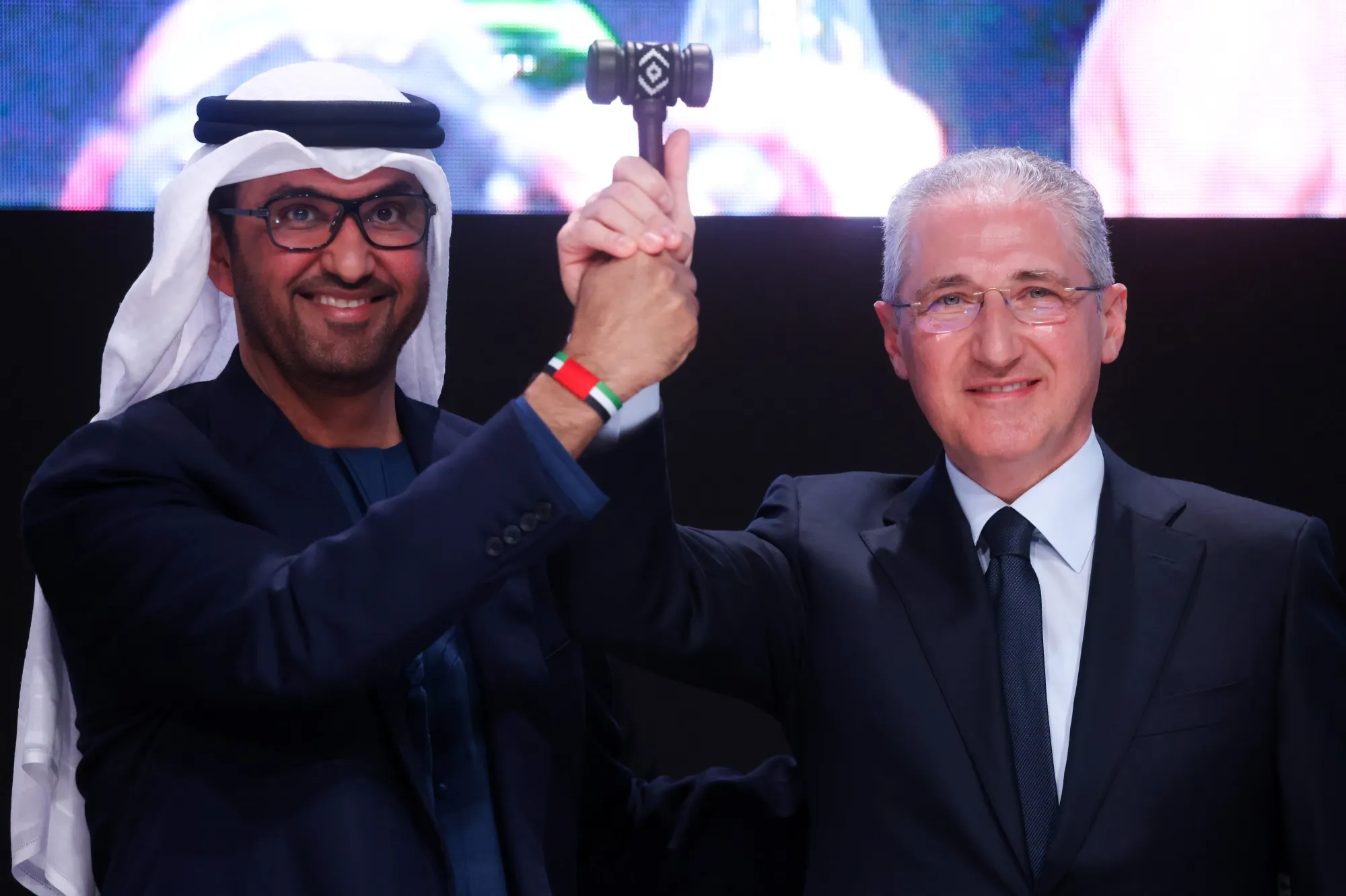 Sultan Ahmed Al Jaber, chief executive officer of Abu Dhabi National Oil Co. (ADNOC) and president of COP28, left, and Mukhtar Babayev, president of COP29, at this year’s opening ceremony.