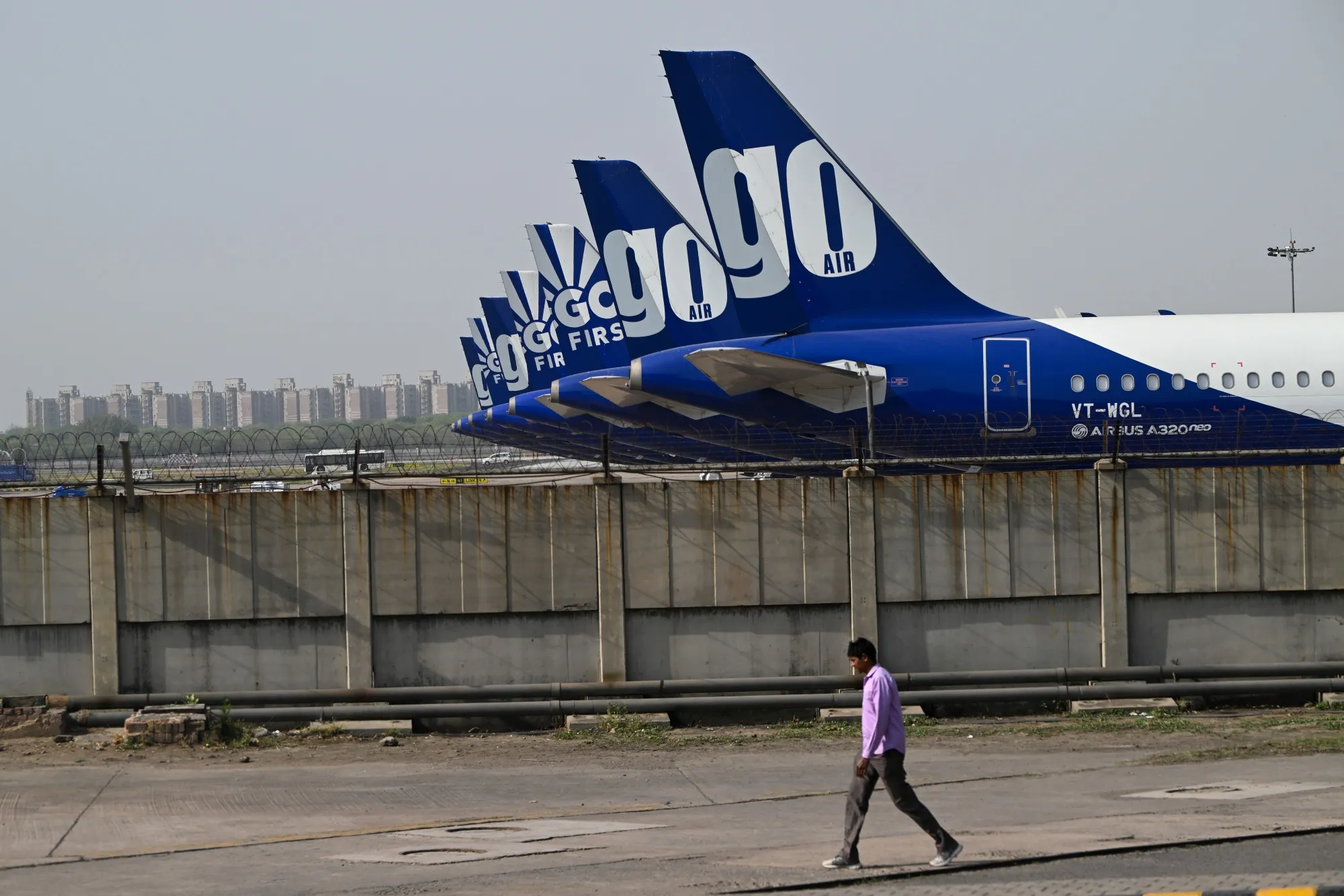 Aircraft operated by Go Airlines India Ltd. at Indira Gandhi International Airport in New Delhi, on May 2.