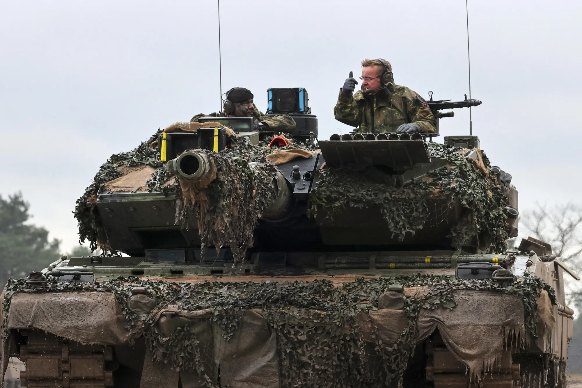 Boris Pistorius&nbsp;aboard a Leopard 2 A6 battle tank, destined for Ukraine, last year.