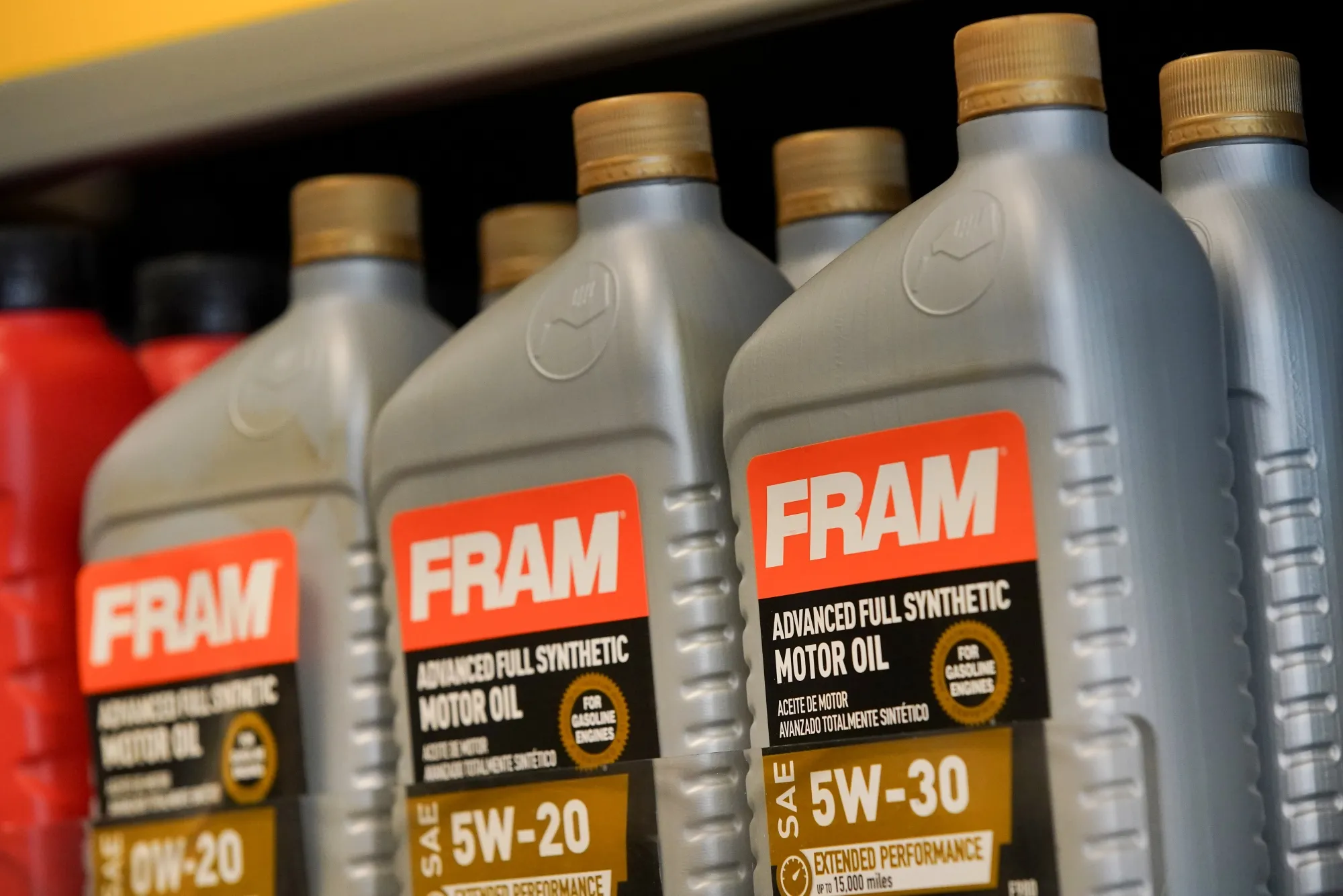 Bottles of Fram advanced full synthetic motor oil, owned by First Brands, at an auto parts store in Provo, Utah.
