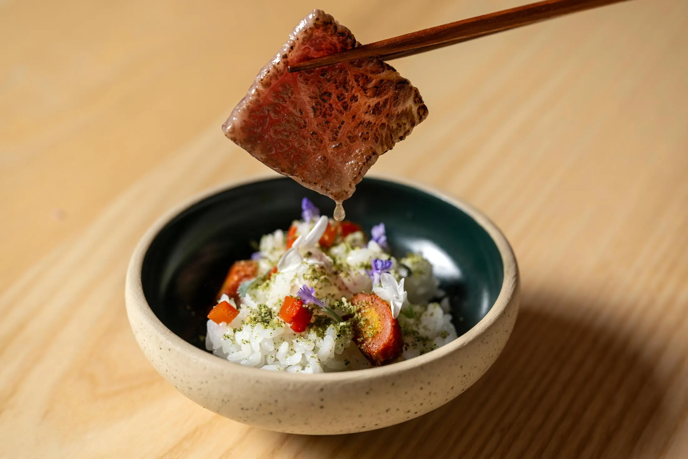 Wagyu beef on Japanese rice at the new non-profit Ikigai in Brooklyn. Proceeds from the $165 tasting menu are helping to fight hunger.