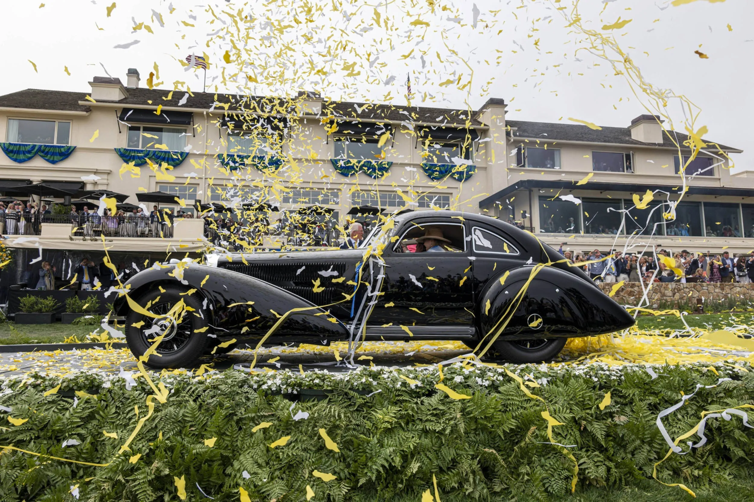Arturo and Deborah Keller drive onto the winners’ ramp after winning the Best of&nbsp;Show award with their 1938 Mercedes-Benz 540K Autobahn Kurier on Sunday, Aug. 15.