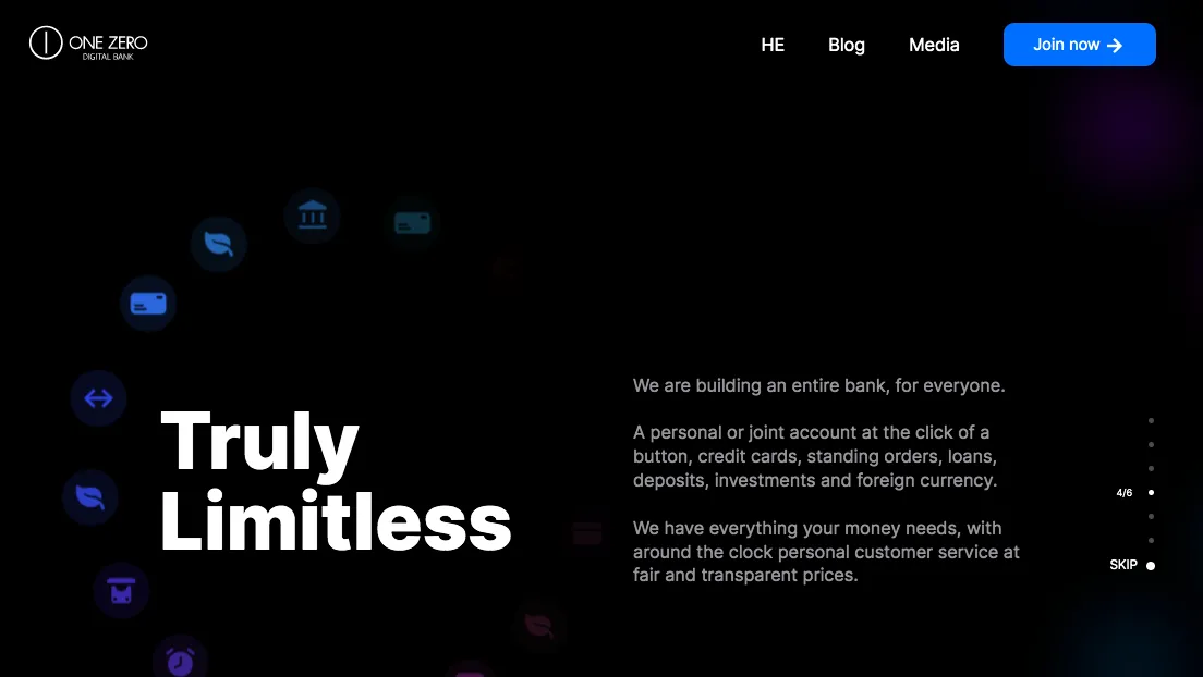 The&nbsp;One Zero Digital Bank website.