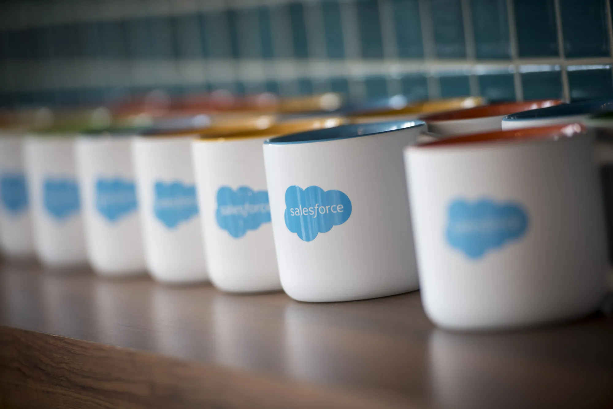 Cups sit on a shelf in the Salesforce.com Inc. office in San Francisco.