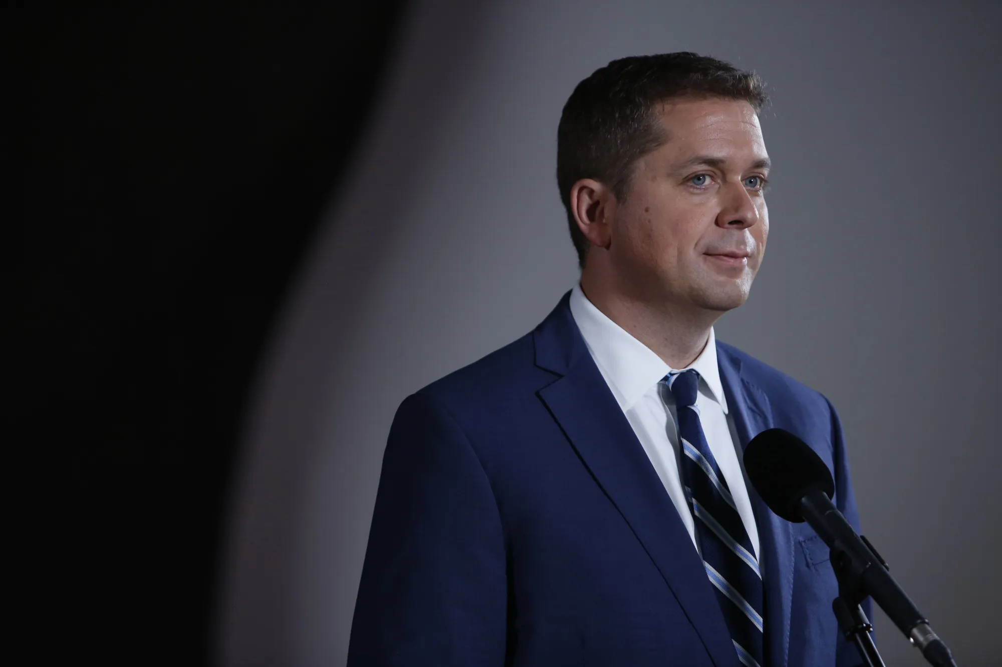 Andrew Scheer speaks to reporters after an election debate in Gatineau, Quebec on Oct. 7, 2019.
