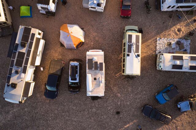 Solar panels on top of motor homes. 