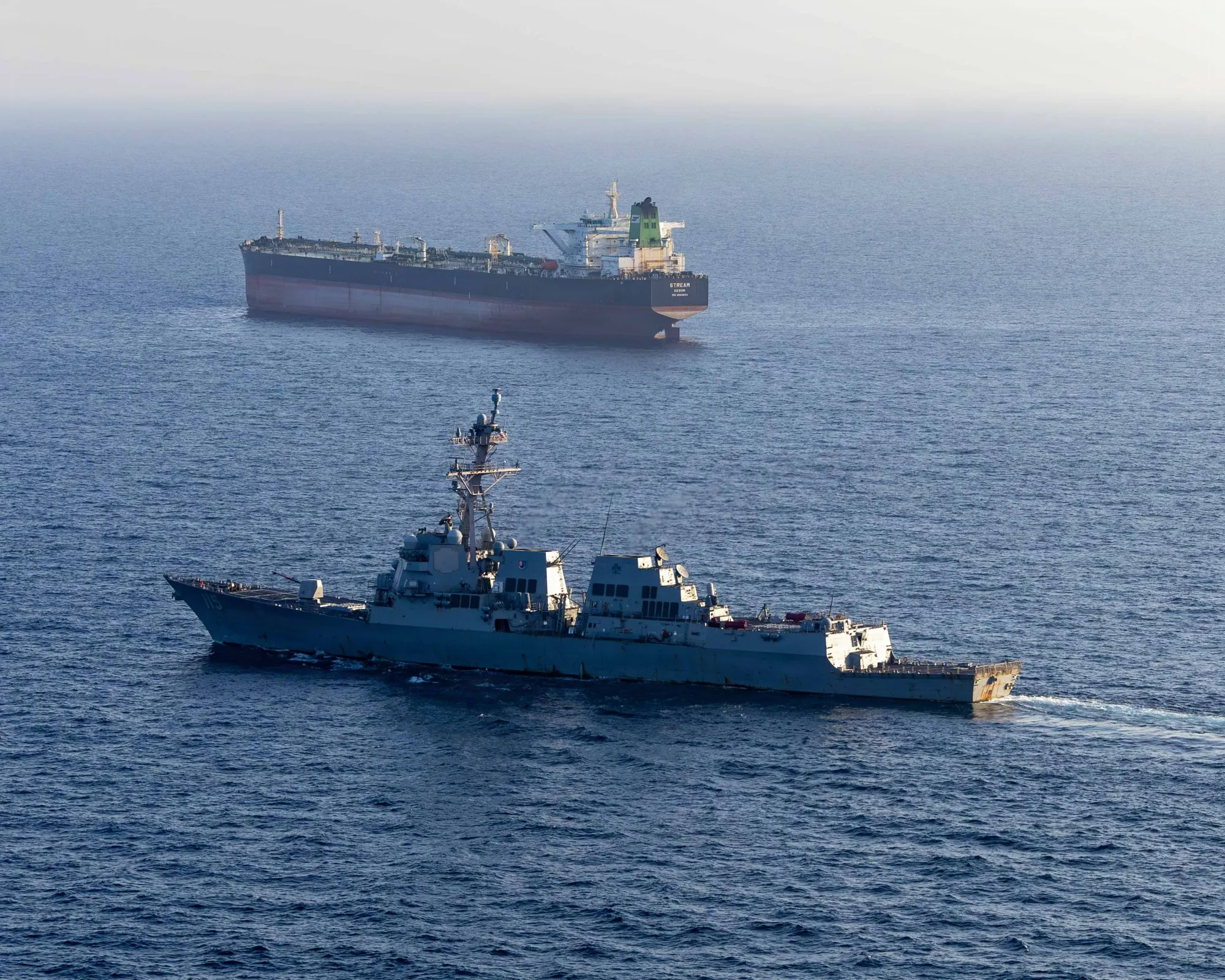 The Arleigh Burke-class guided missile destroyer USS Rafael Peralta implements a maritime blockade against an Iranian-flagged ship attempting to sail toward an Iranian port on April 26, in a photo released by the US Navy.