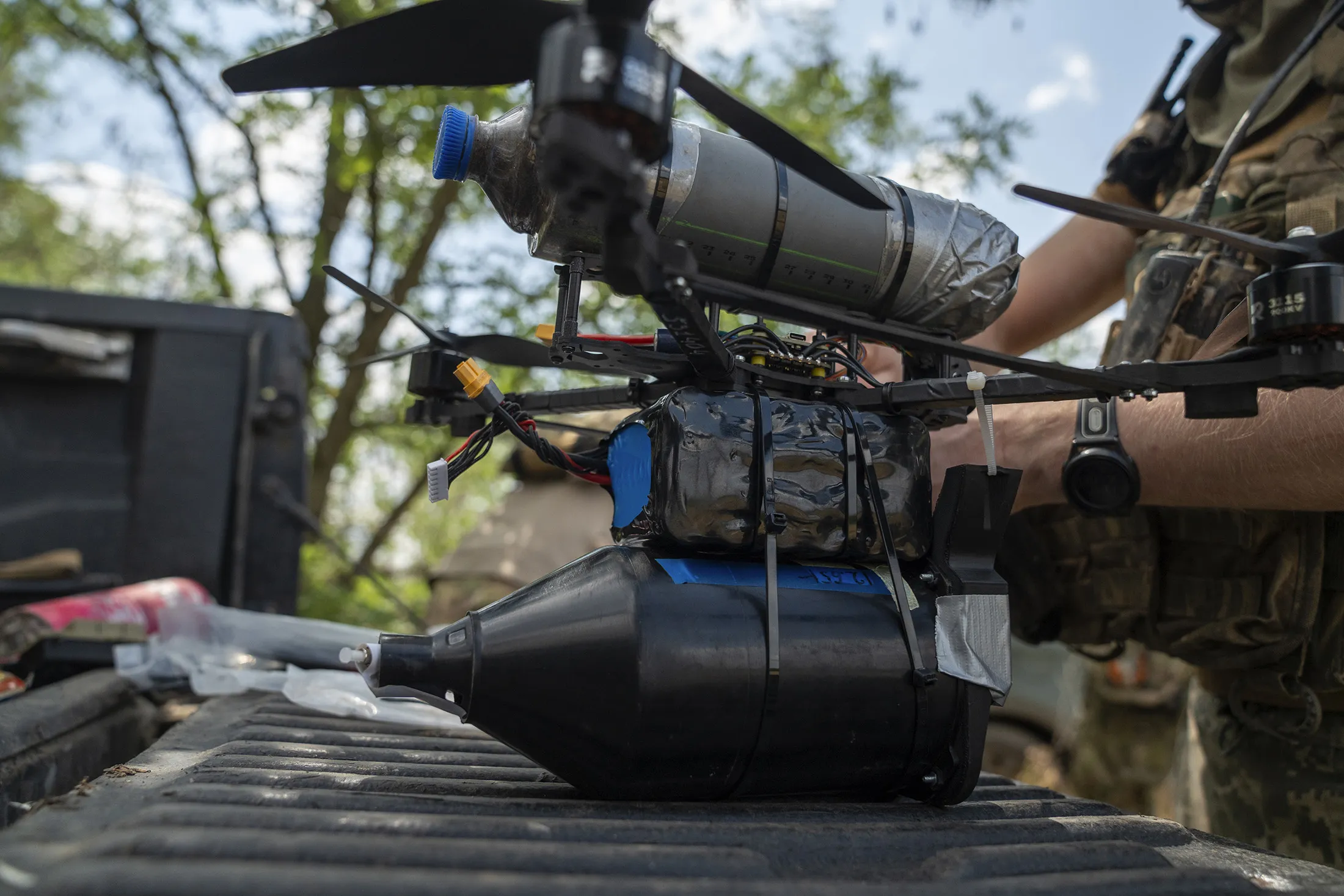 Soldiers from a fiber-optic drone unit of the 93rd Brigade test the drones before going to the front lines in Donetsk Oblast, Ukraine, on June 17.