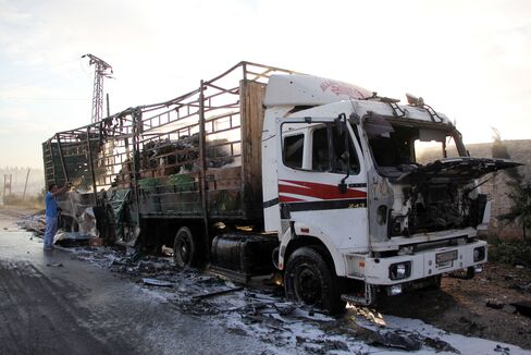 A damaged truck in Orum al-Kubra, near Aleppo.