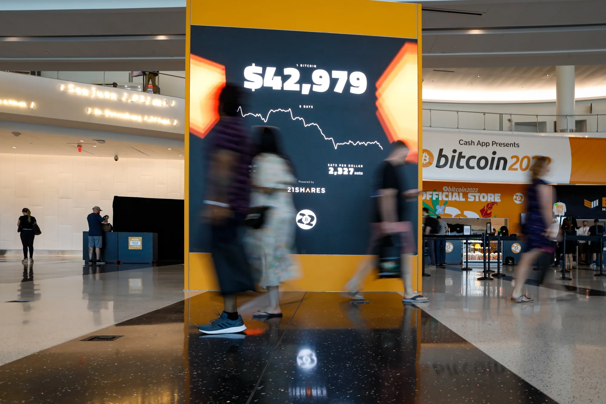 A screen displaying the price of Bitcoin during the Bitcoin 2022 conference in Miami, Florida, in April.
