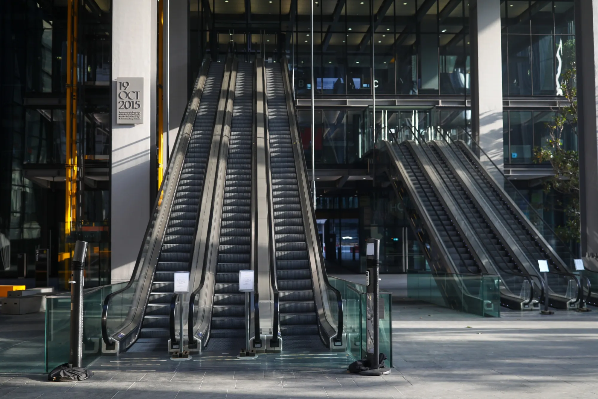 Empty eascalators in the City of London.