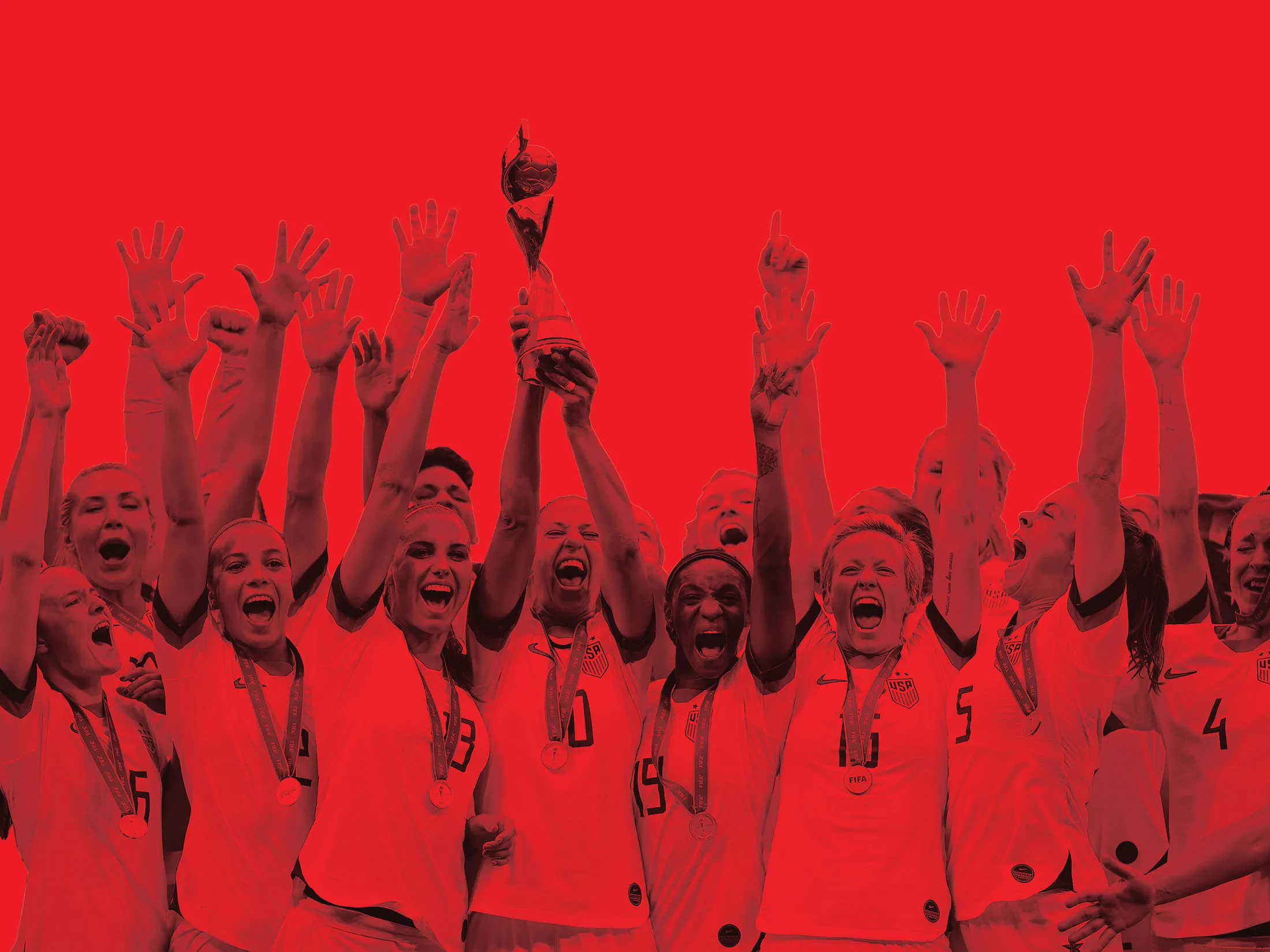 Carli Lloyd lifts the trophy as the U.S. women’s national team celebrates winning the 2019 FIFA Women’s World Cup final in Lyon, France, on July 7.