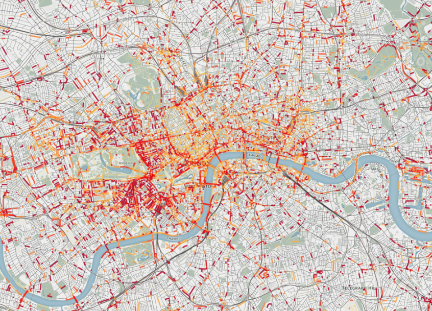 The smell of emissions in London, with the worst scents of fuel, gasoline and dust in the darkest red. 