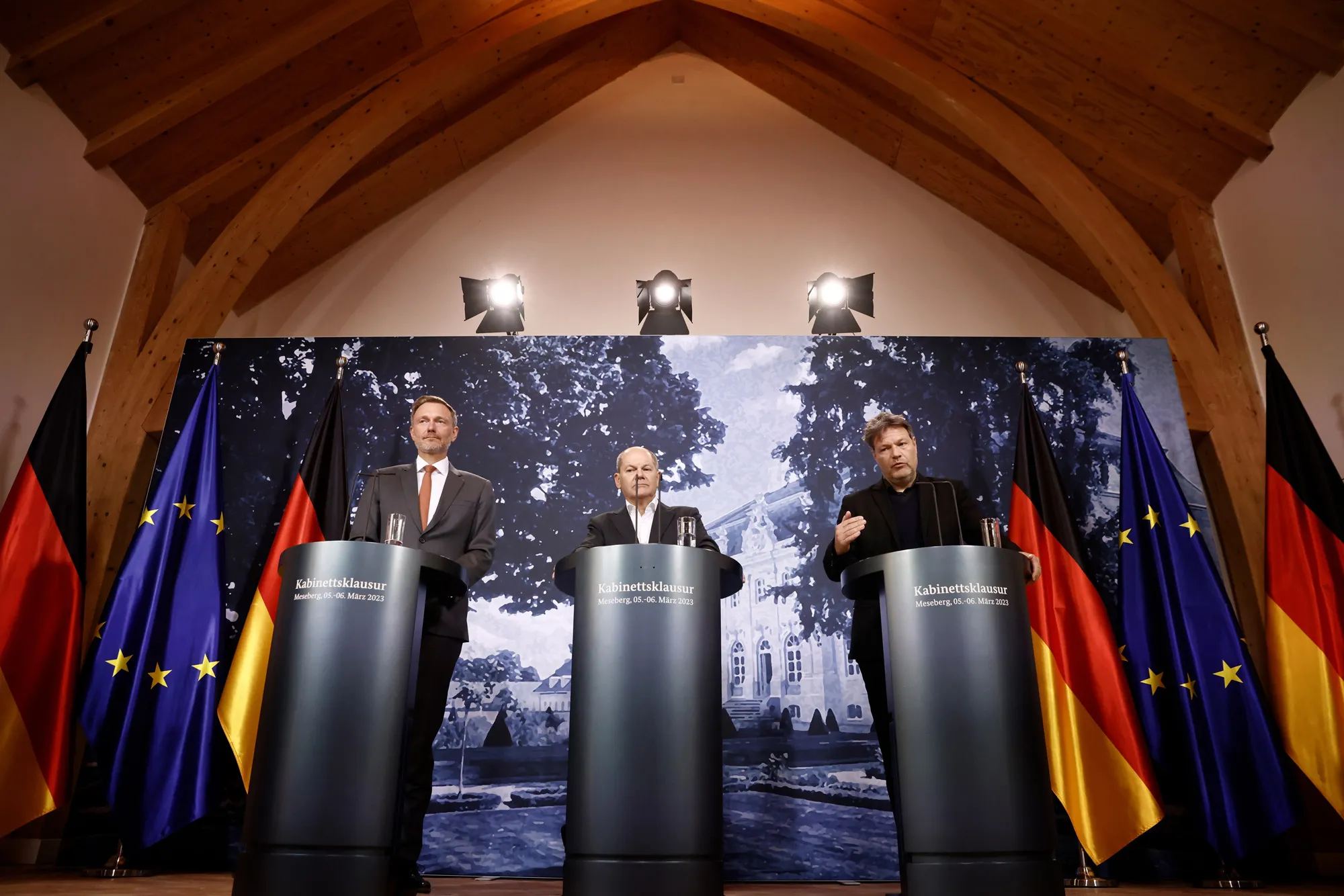 Christian Lindner, left, Olaf Scholz, center, and Robert Habeck on March 6.